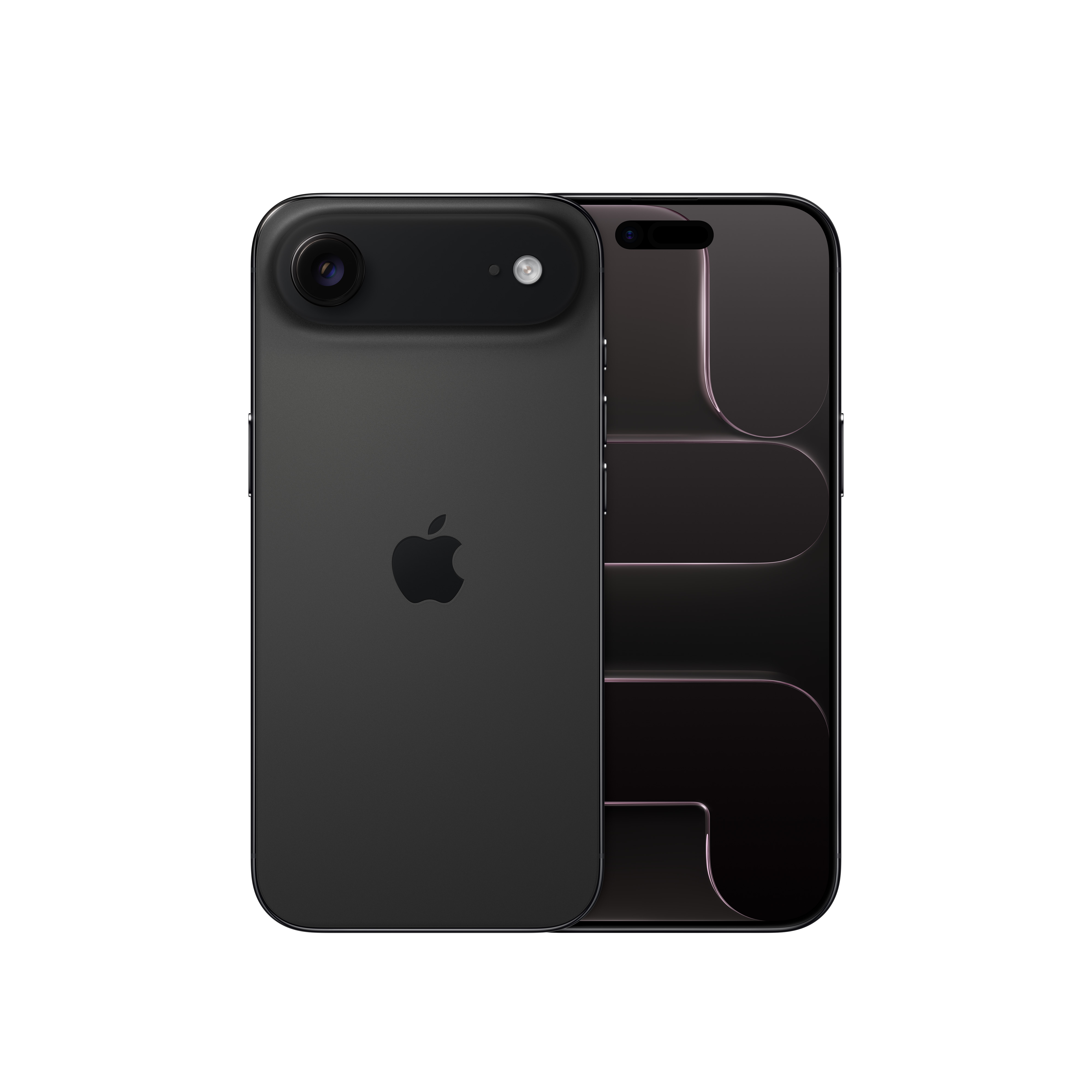 Schwarzes Smartphone mit Apple-Logo und Dual-Kamera-Design. Der Bildschirm ist dunkel, mit weißem Hintergrund.