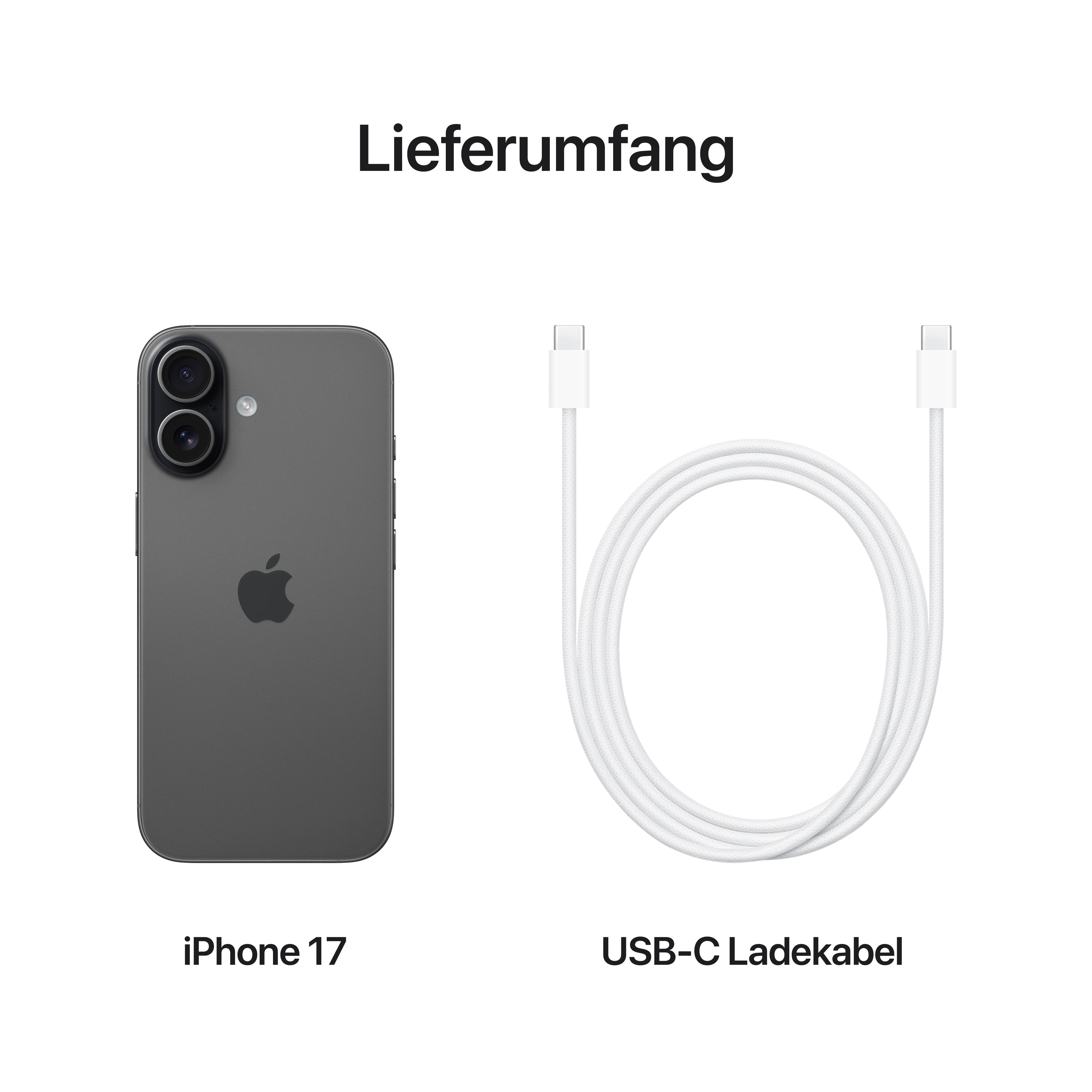 Ein graues iPhone 17 und ein weißes USB-C-Ladekabel auf weißem Hintergrund. Text: 'Lieferumfang', 'USB-C Ladekabel' und 'iPhone 17'.