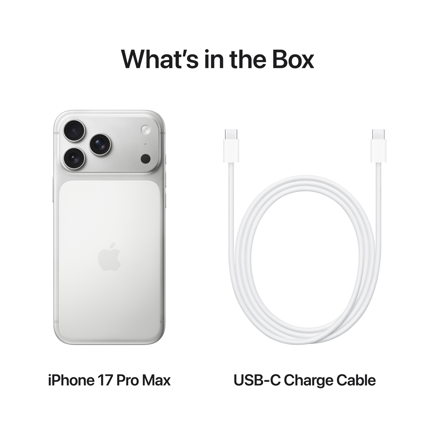 Een iPhone 17 Pro Max en een witte USB-C oplaadkabel worden getoond tegen een witte achtergrond. De telefoon is zilverkleurig en heeft drie camera's.