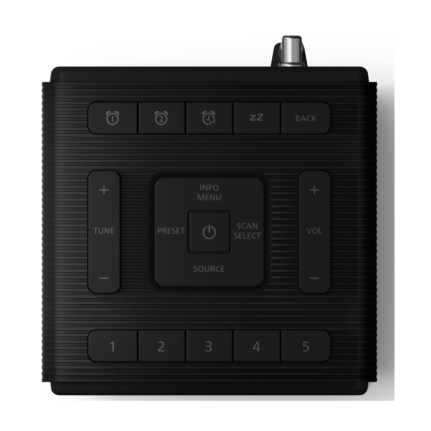 Radio nera con pulsanti. I pulsanti includono sveglia, volume, sintonizzazione e preimpostazione. Sono presenti anche i numeri da 1 a 5.