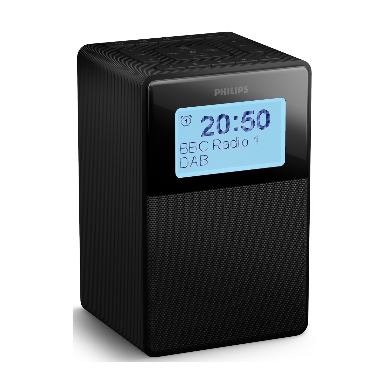 Una radio Philips nera con display digitale che mostra l'ora, 20:50, e BBC Radio 1 DAB. La radio è su una superficie bianca.