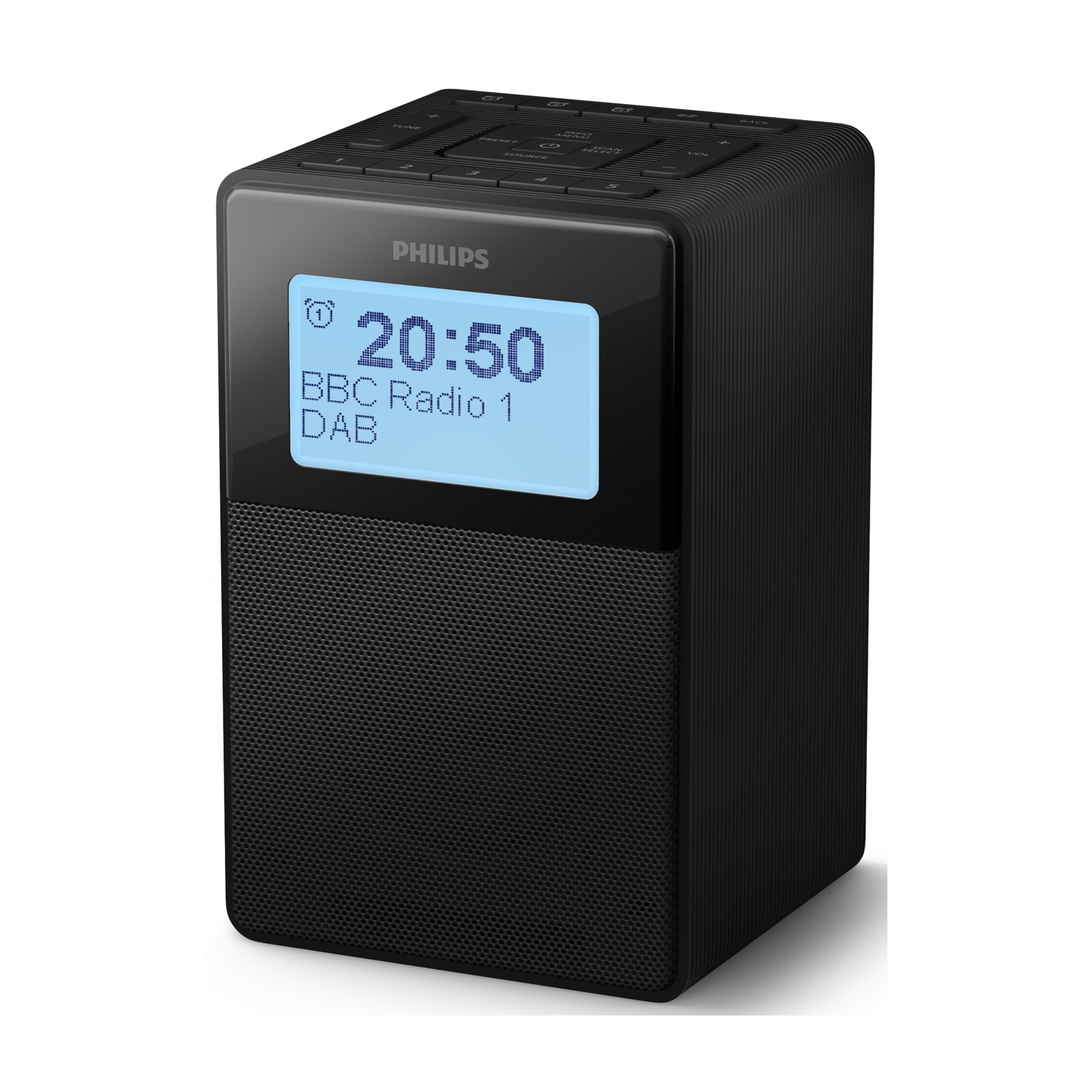 Radio Philips nera. Il display mostra 20:50, BBC Radio 1 DAB. La radio ha pulsanti in alto e un altoparlante frontale.