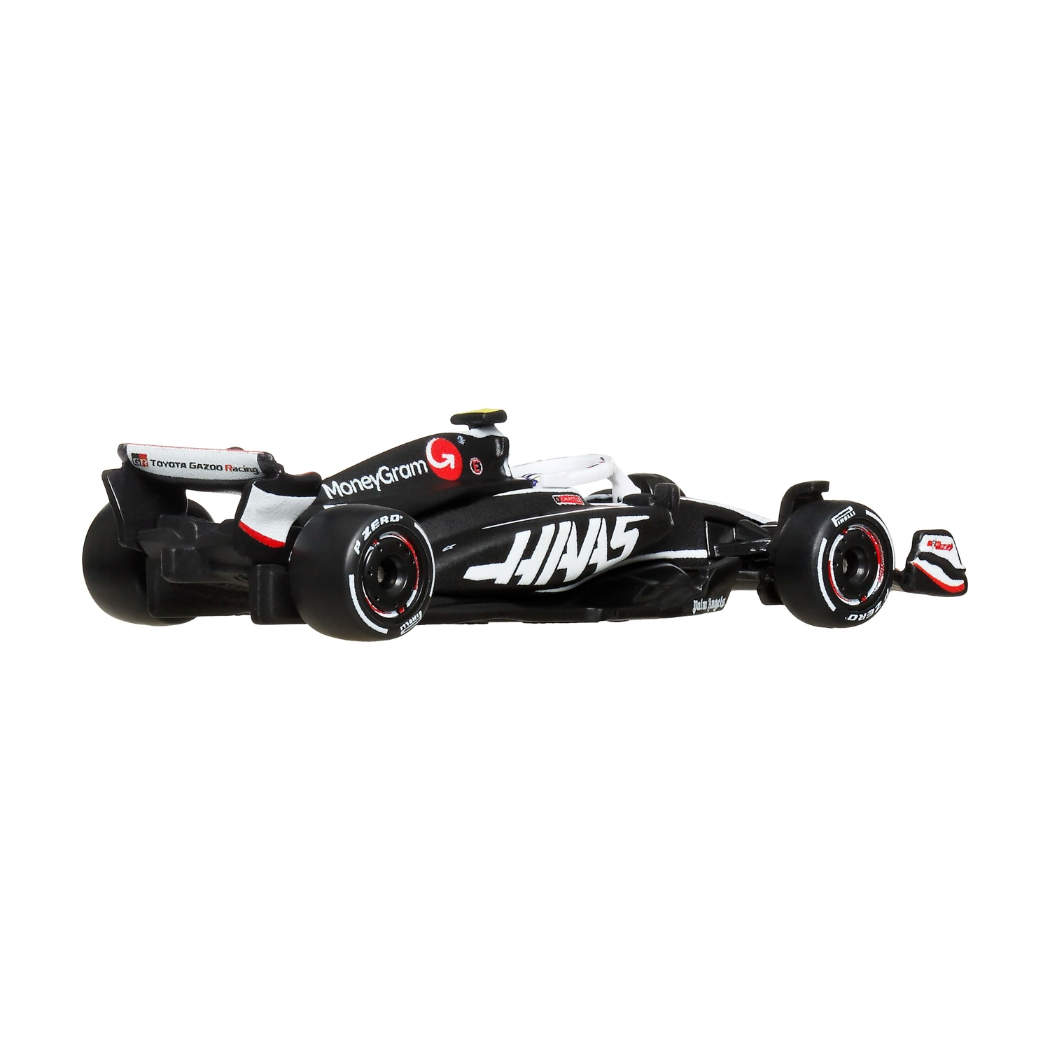Un'auto Haas F1 in bianco e nero. Ha loghi di sponsor e la parola 'Haas' sul lato. I pneumatici sono neri con dettagli bianchi e rossi.
