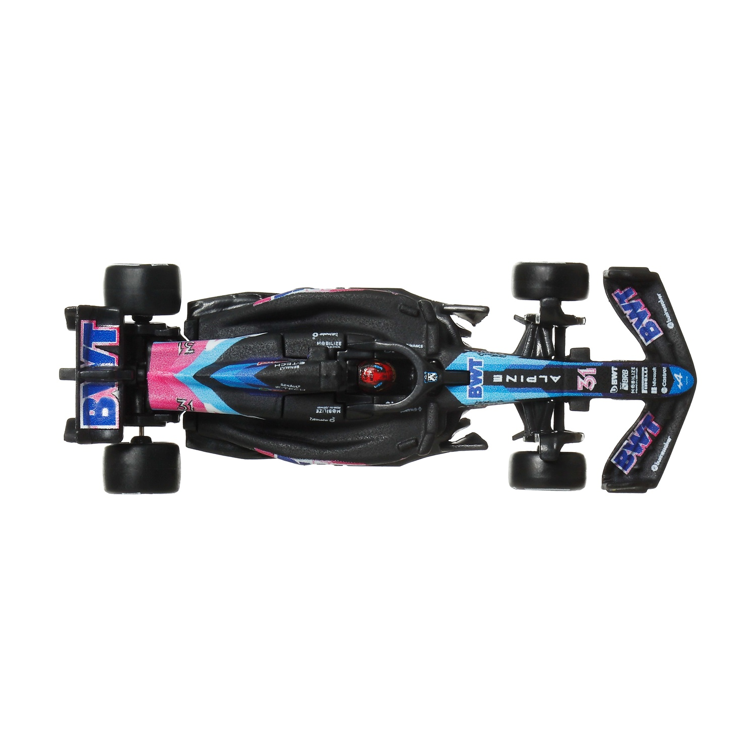 Vista dall'alto di una macchina da corsa Alpine F1 nera, rosa e blu. L'auto ha quattro pneumatici neri ed è su sfondo bianco.