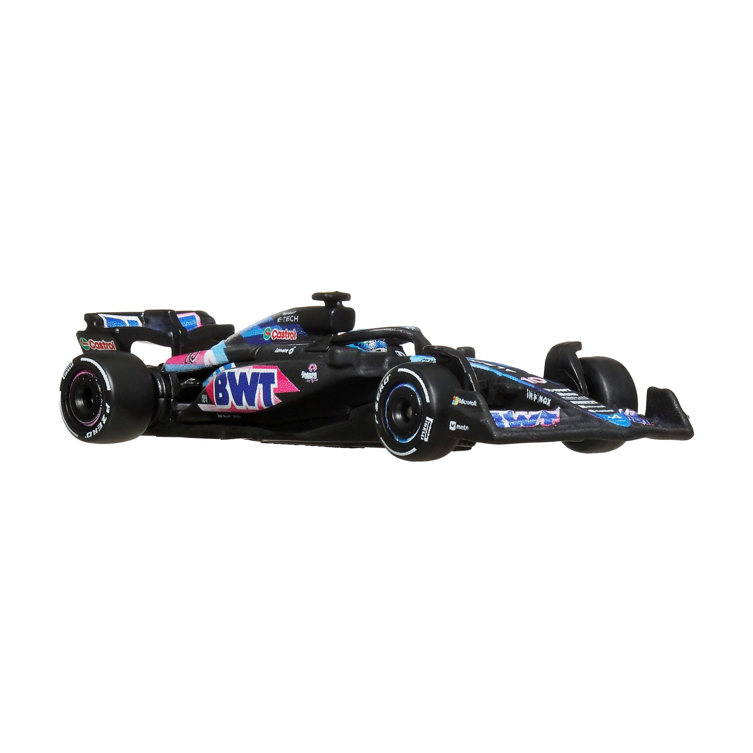 Un'auto da corsa di Formula 1 nera e blu, con loghi degli sponsor, è isolata su sfondo bianco. L'auto è angolata verso destra.