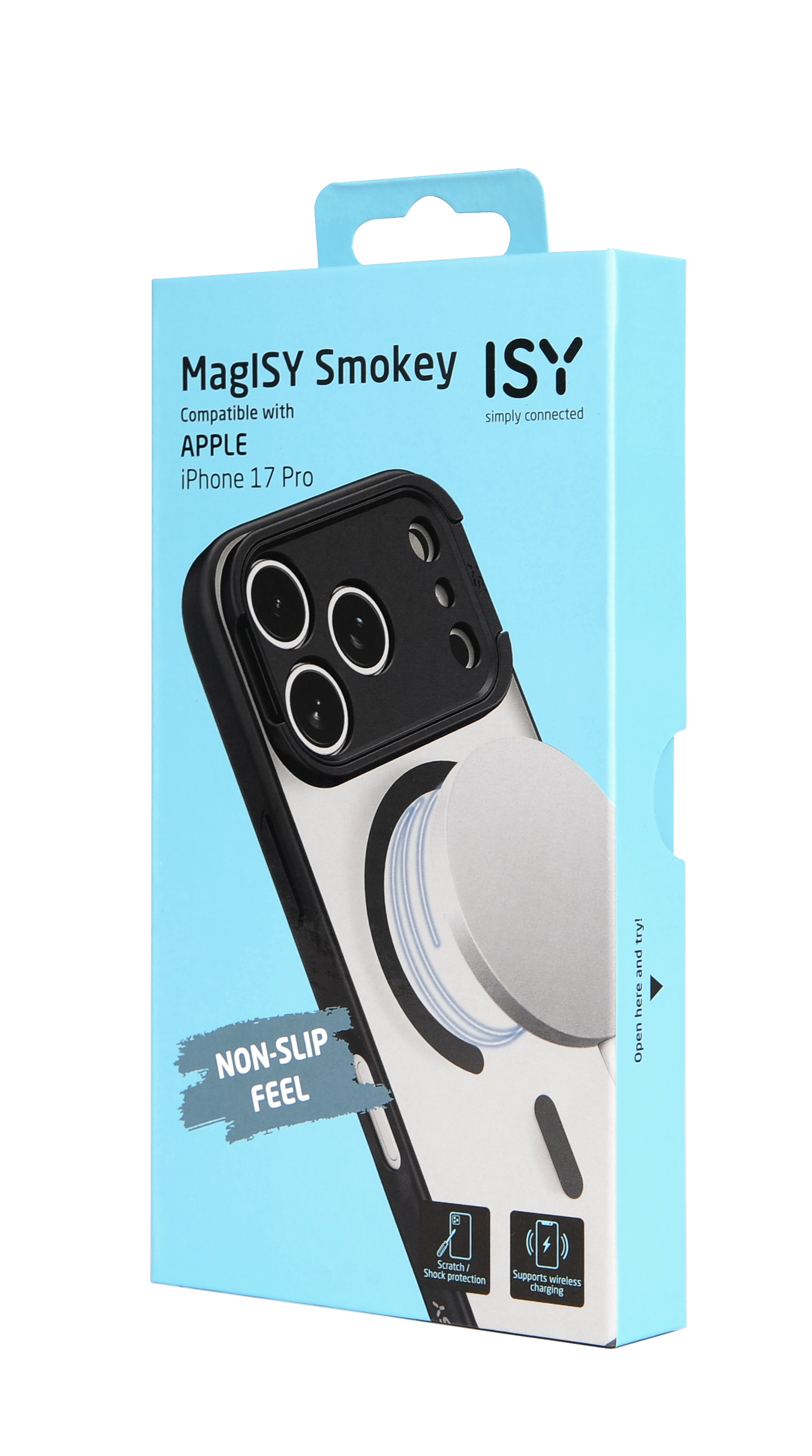 Eine Telefonhüllenbox, blau und weiß, mit einer sichtbaren Telefonhülle. Es steht MagISY Smokey und unterstützt das iPhone 17 Pro.