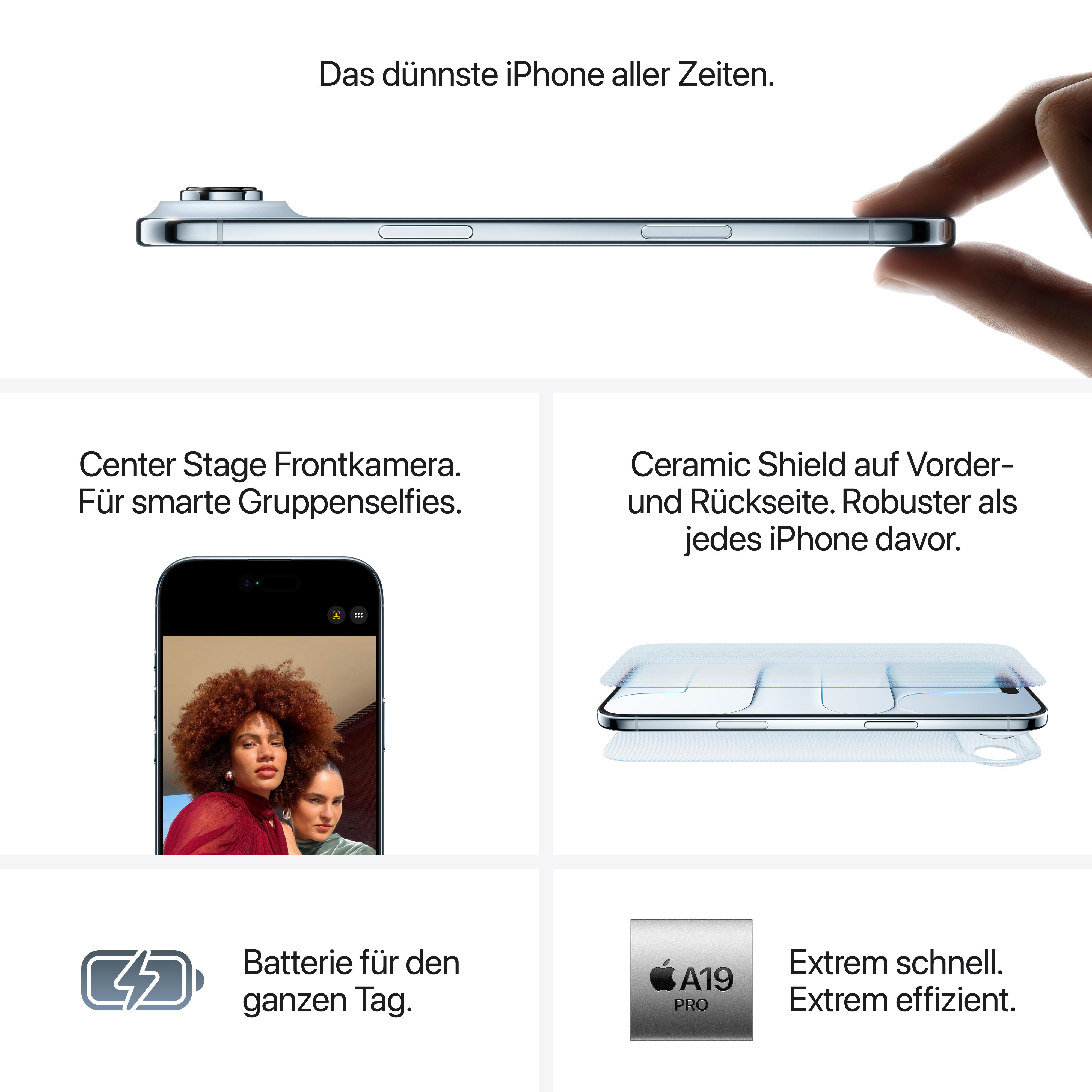 Das Bild zeigt ein dünnes Telefon, Funktionen und Text. Enthält eine Frontkamera, Keramikschild, Akku und A19 Pro Chip.