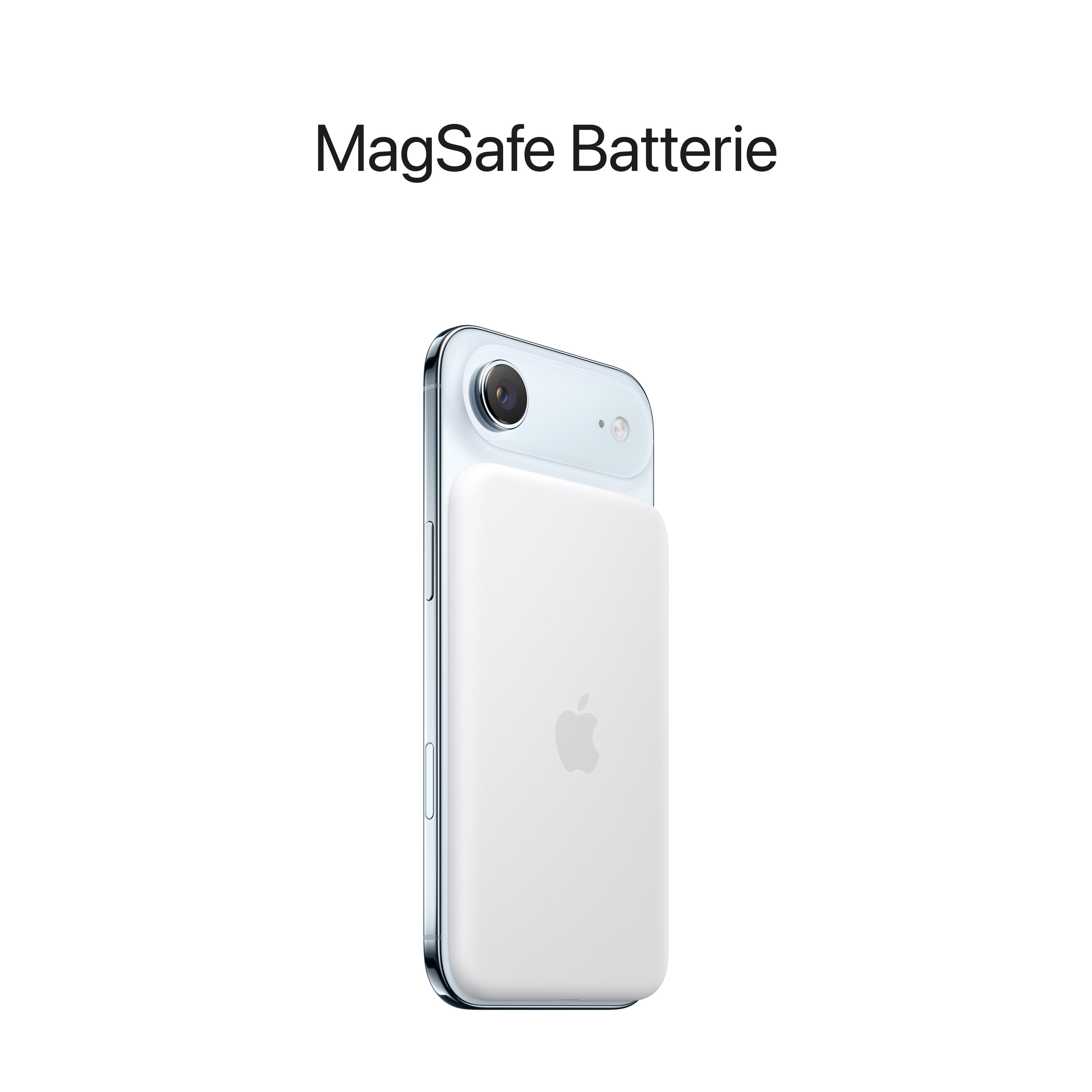 Ein weißes MagSafe-Akkupack, das an einem Telefon befestigt ist. Das Apple-Logo ist sichtbar.