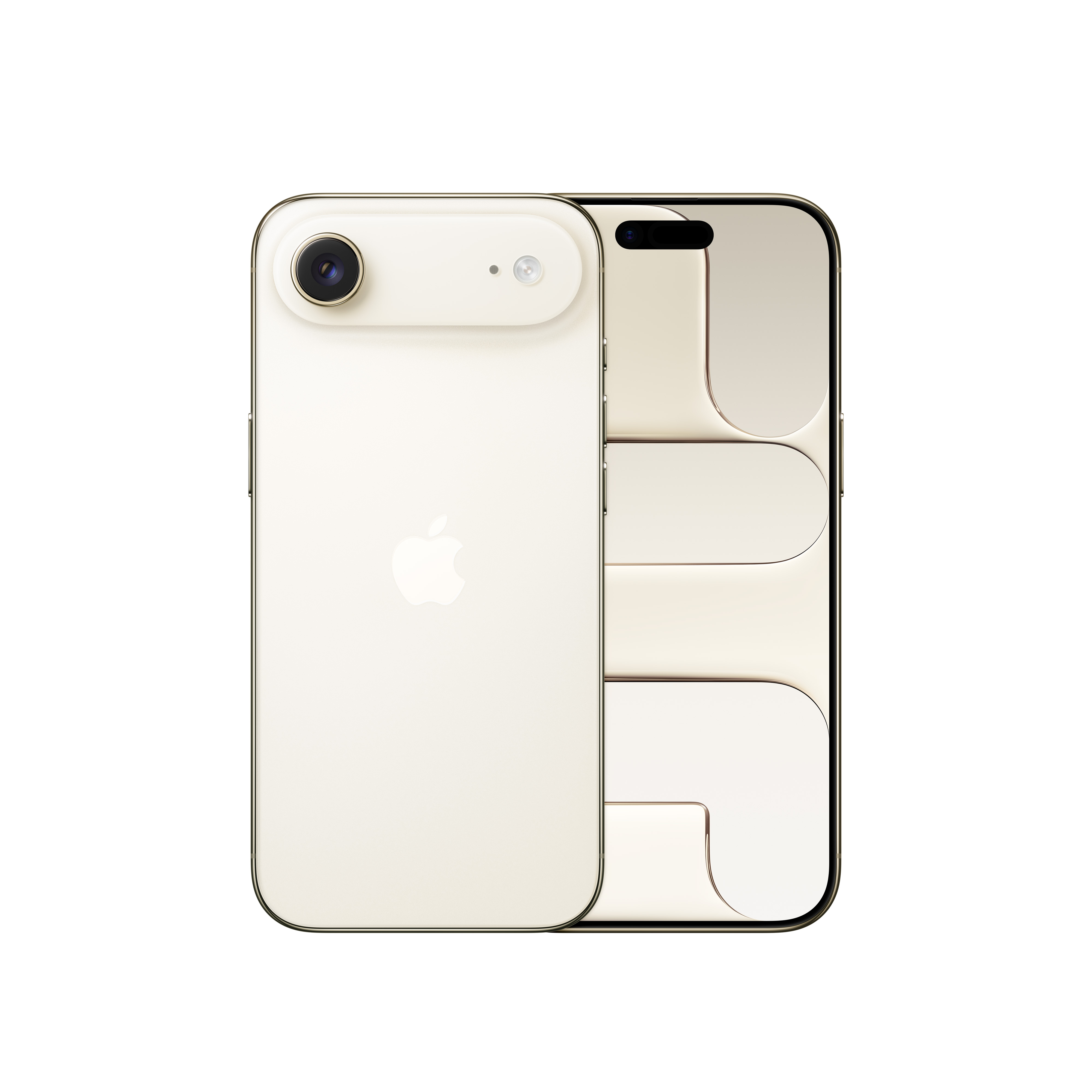 Cremefarbenes iPhone, Vorder- und Rückseite. Zeigt Kamera, Apple-Logo und Bildschirmdesign.