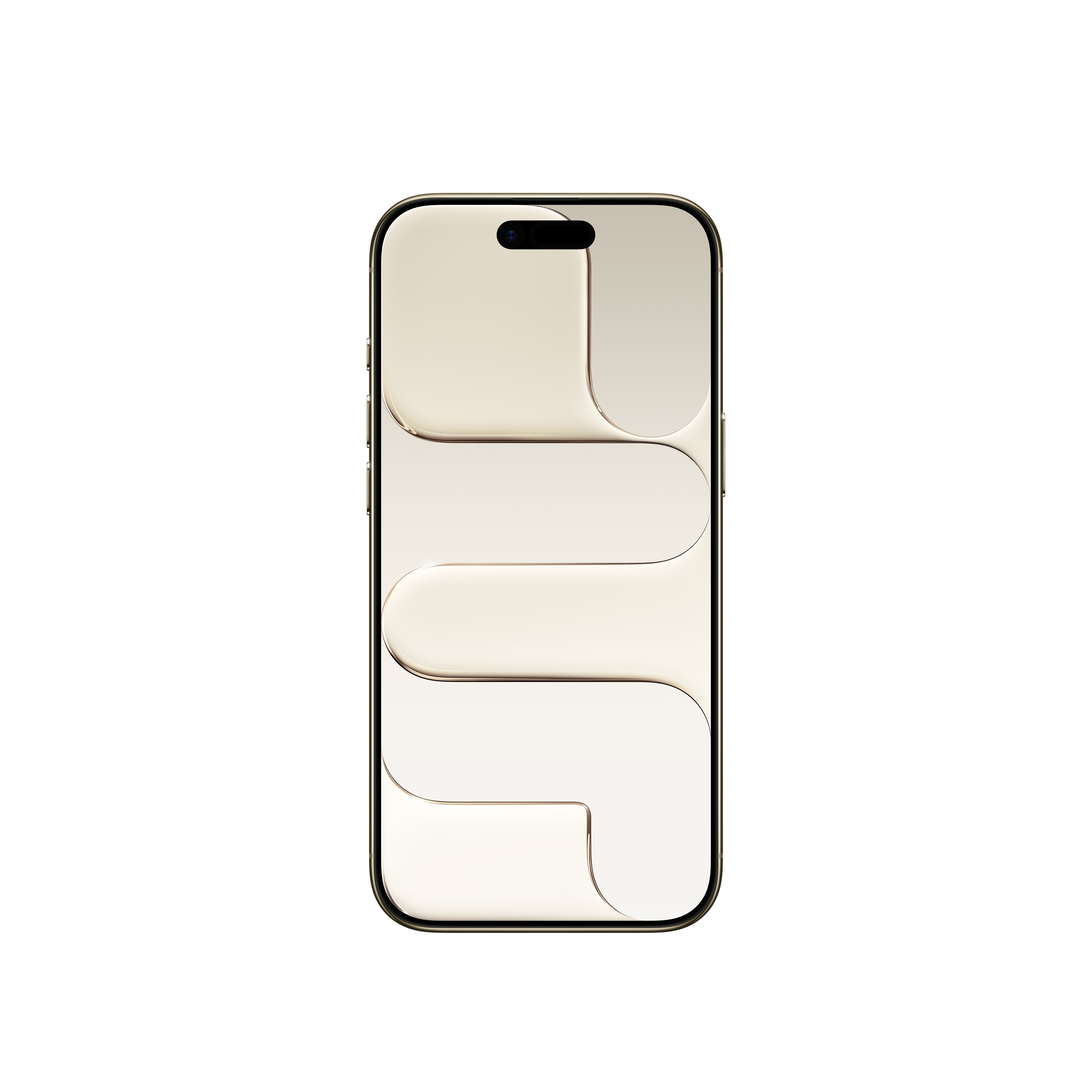 Ein Smartphone mit goldfarbenem Rahmen und beigefarbenem Rückteil. Das Rückteil hat ein einzigartiges, wellenförmiges Design.