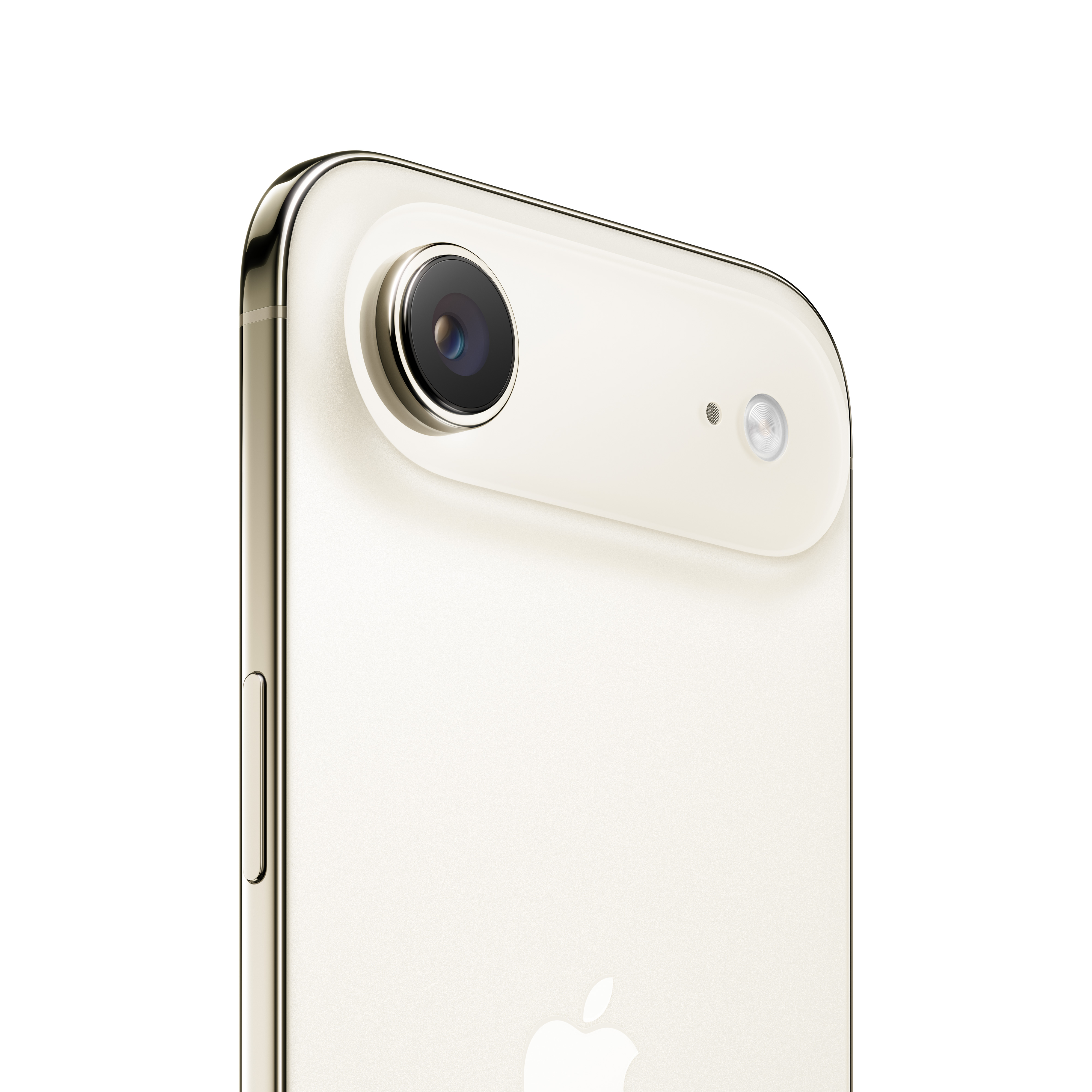 Nahaufnahme der Rückseite eines goldenen iPhones. Es hat eine Kamera, einen Blitz und ein Apple-Logo. Der Hintergrund ist weiß.
