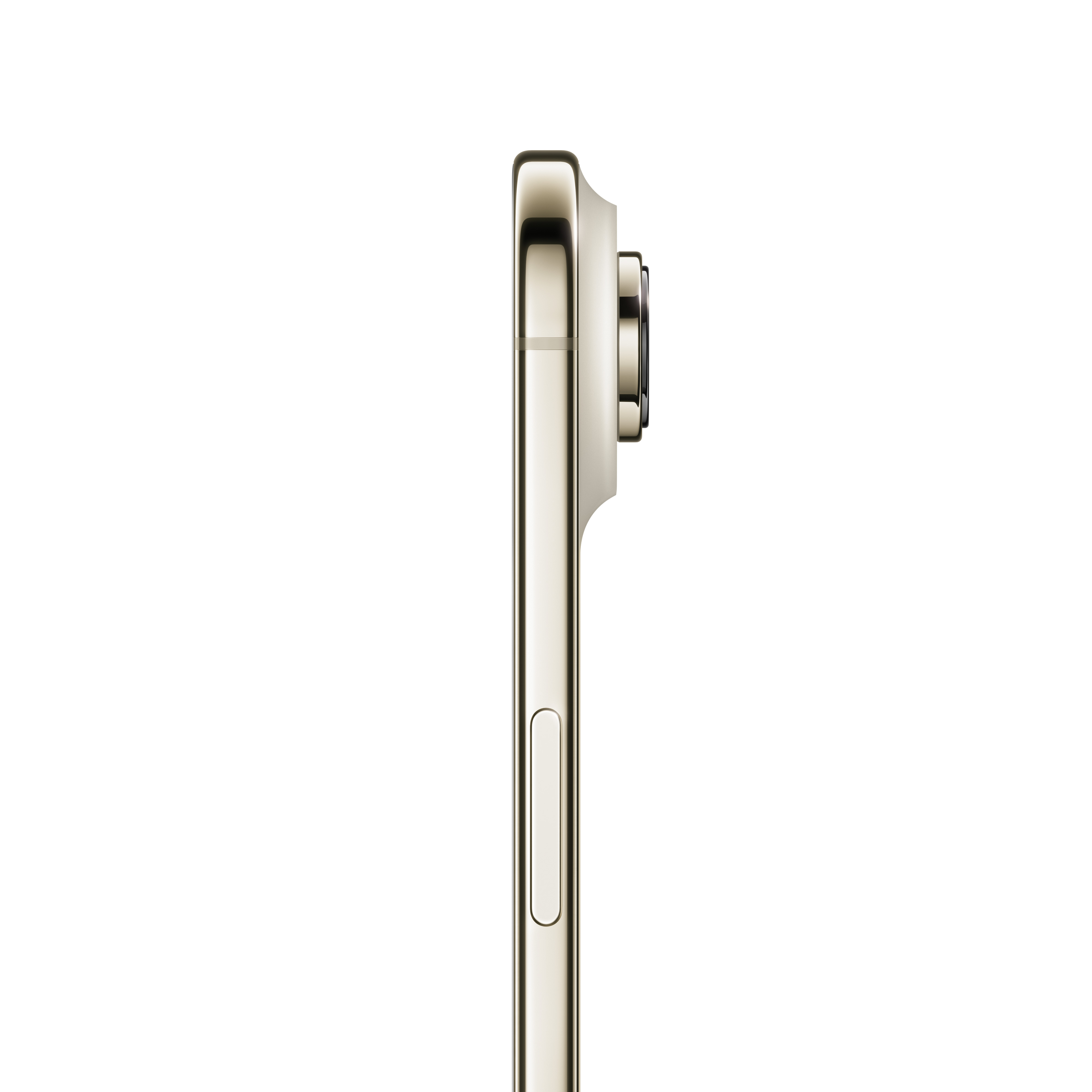 Seitenprofil eines goldenen Smartphones vor weißem Hintergrund. Die Kamera ist sichtbar. Die Seitentasten sind vorhanden.