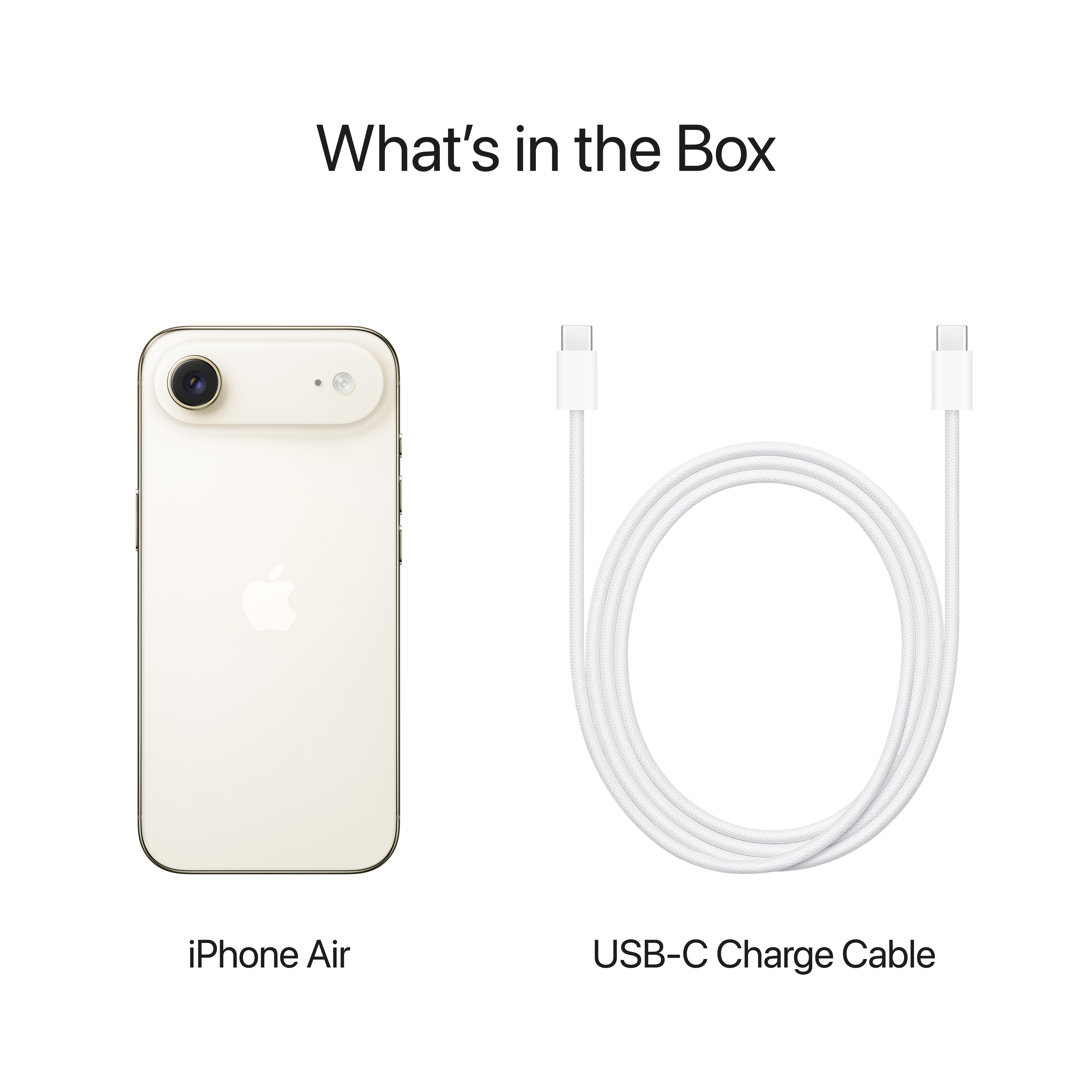 Das Bild zeigt ein iPhone Air und ein weißes USB-C-Ladekabel auf weißem Hintergrund. Der Text lautet 'Was ist in der Box'.