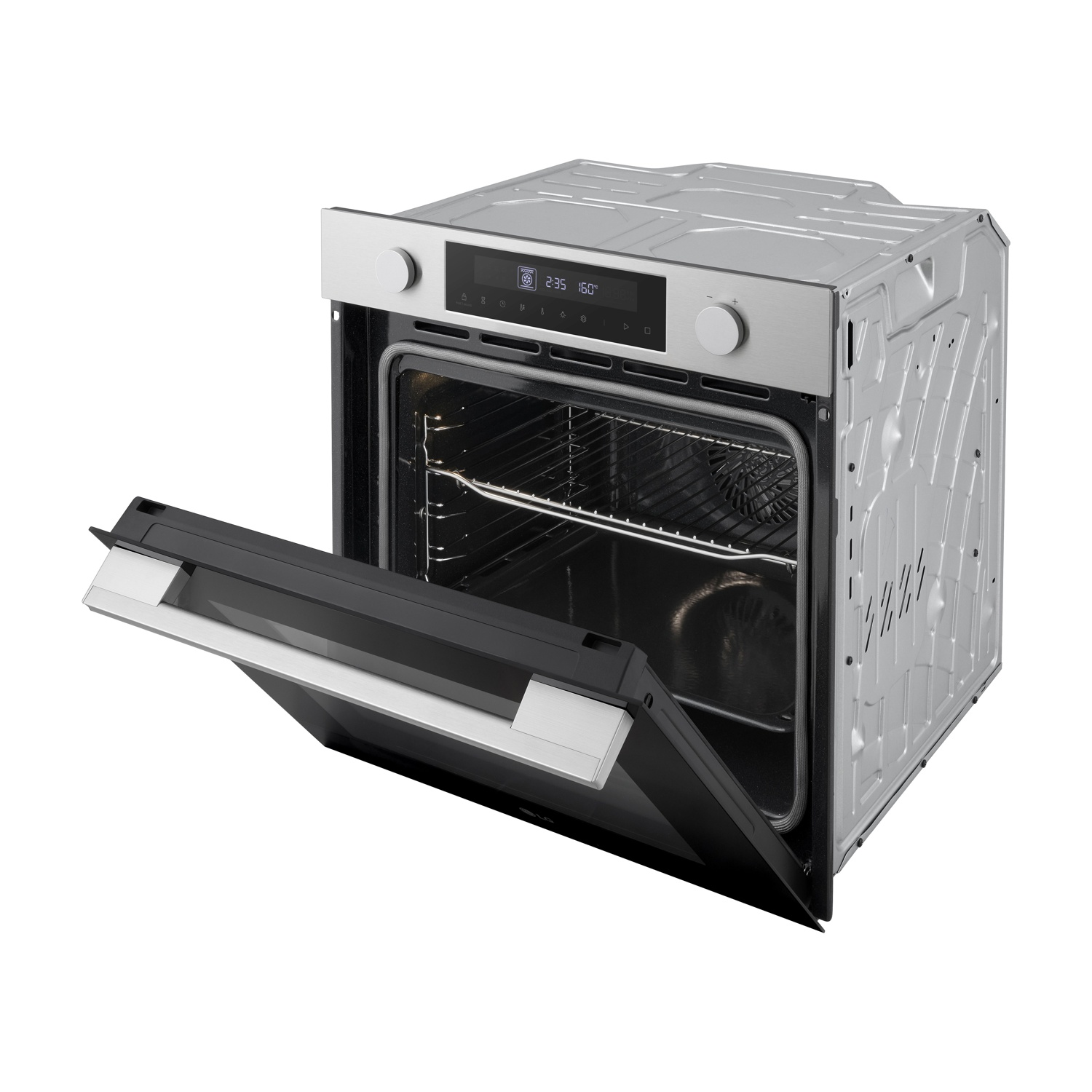Un forno in acciaio inossidabile con la porta aperta. All'interno ci sono ripiani. Il display mostra l'ora e la temperatura.