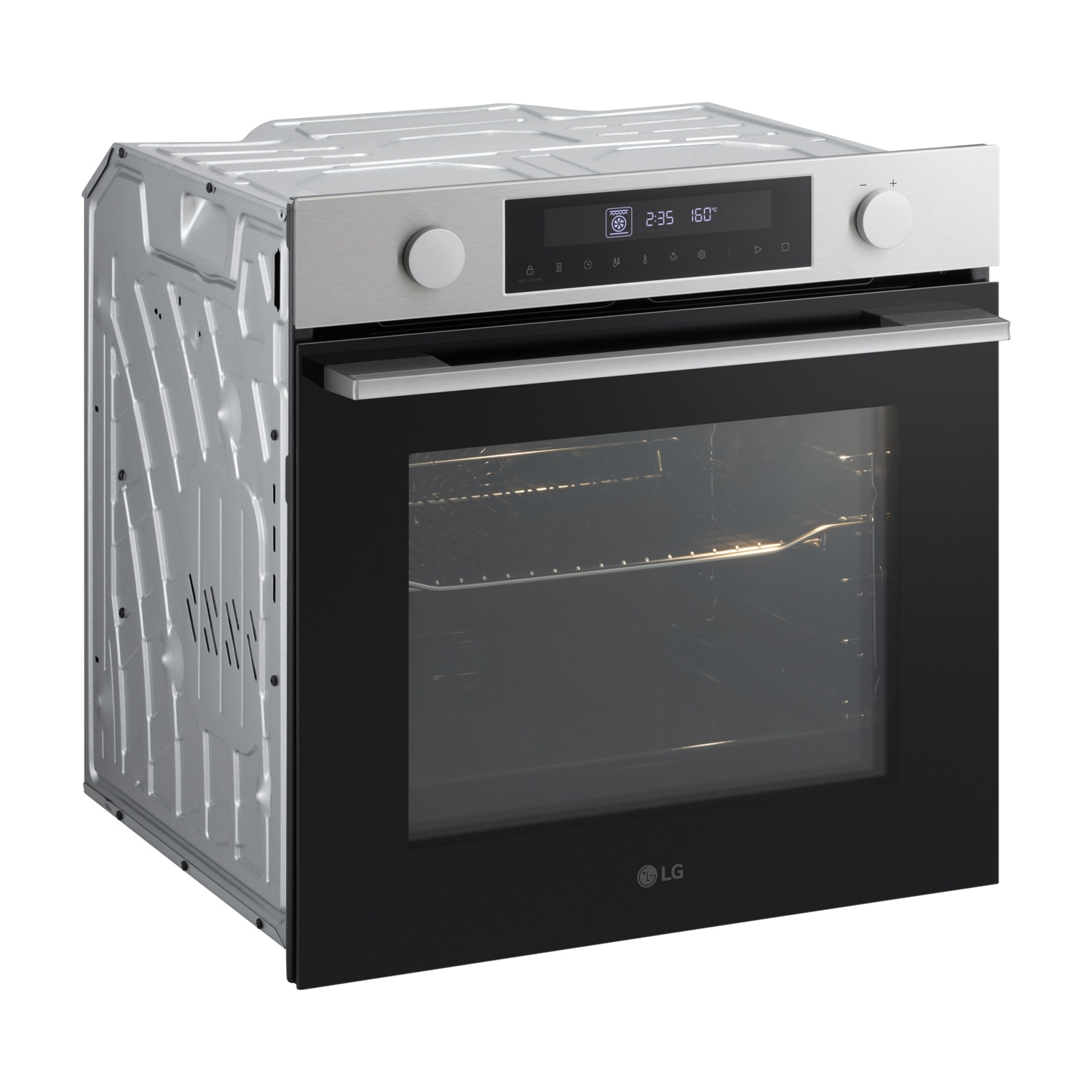 Un forno a incasso in acciaio inossidabile con porta nera. Ha un display digitale che mostra l'ora e la temperatura e due manopole.