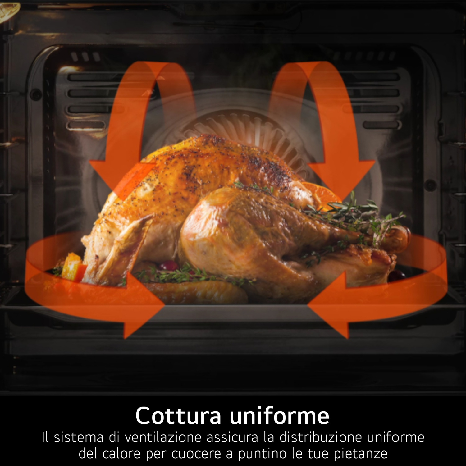 All'interno di un forno, un pollo arrosto con frecce arancioni che mostrano la circolazione dell'aria, evidenziando la cottura uniforme.