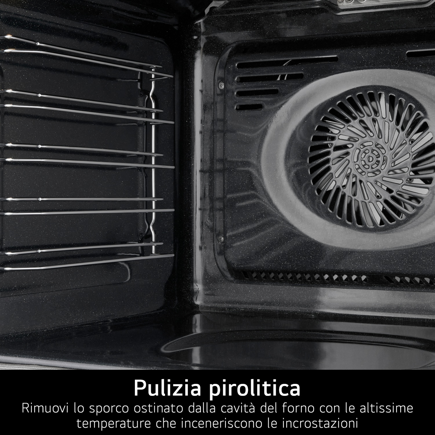 All'interno di un forno: griglie metalliche a sinistra, una ventola a destra. Il forno è nero. Il testo in basso descrive la pulizia pirolitica.