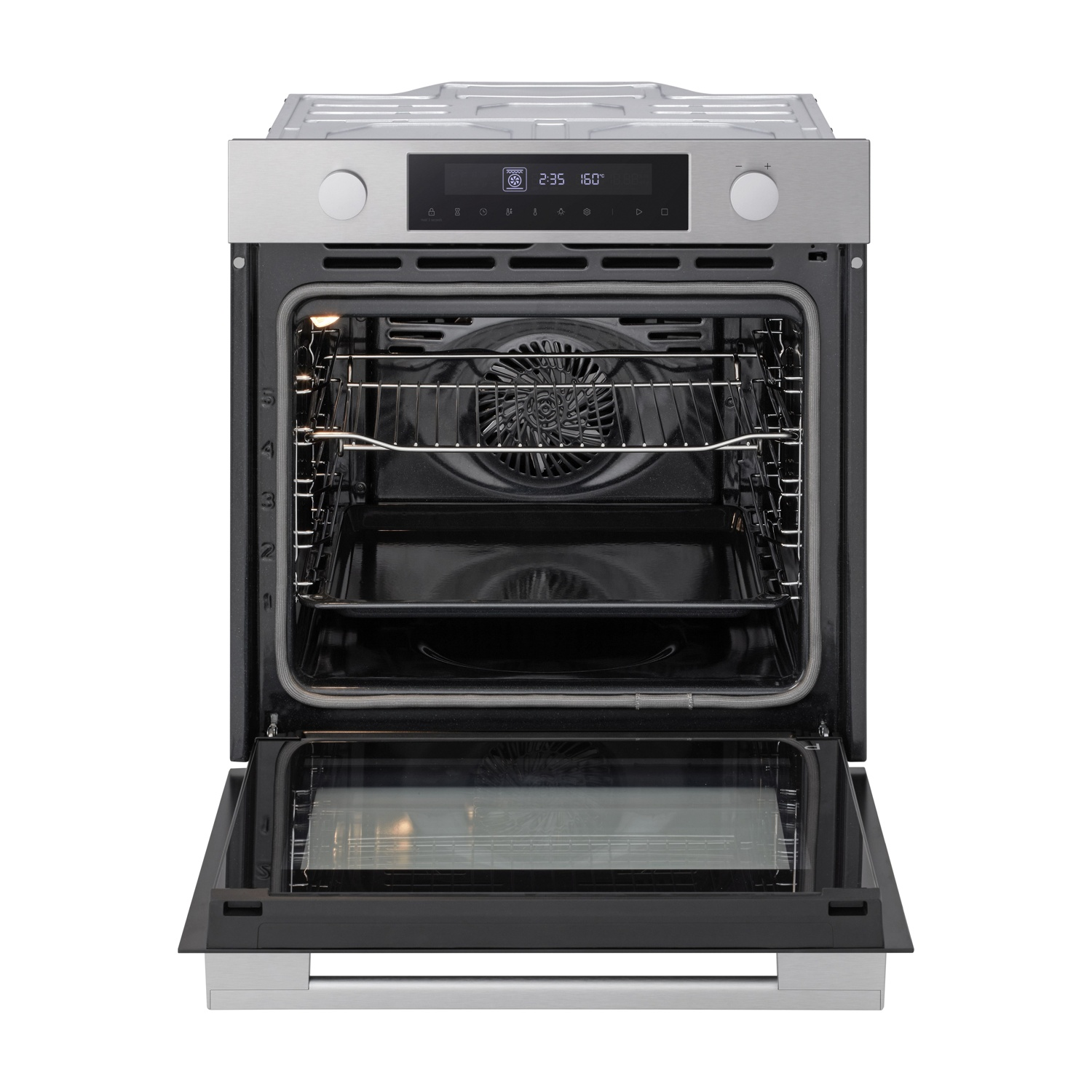 Forno aperto con griglie interne, ventola e luce. Il display digitale mostra ora e temperatura. Design in acciaio inox e nero.