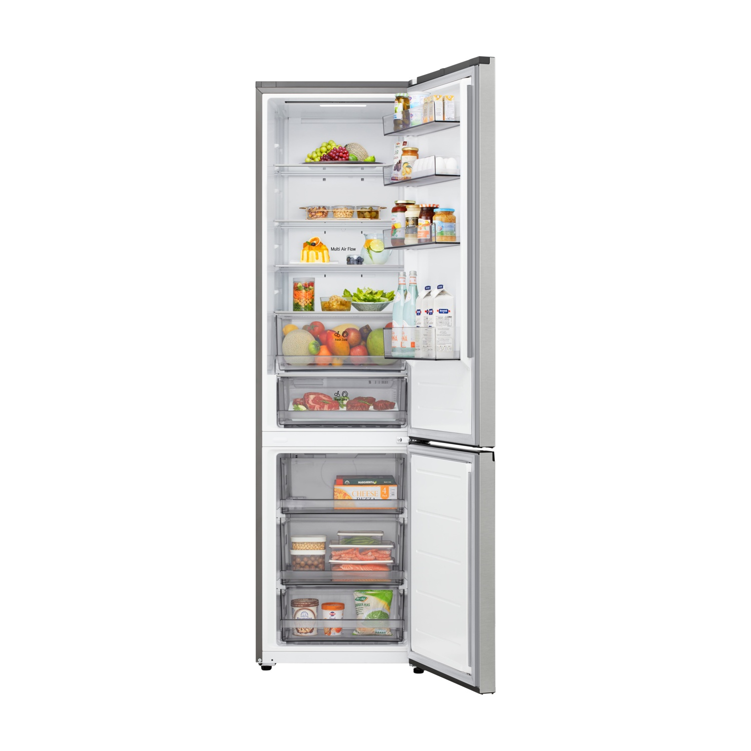 Frigorifero aperto con alimenti. Frutta, verdura, bevande e altri generi alimentari sono visibili su ripiani e cassetti.