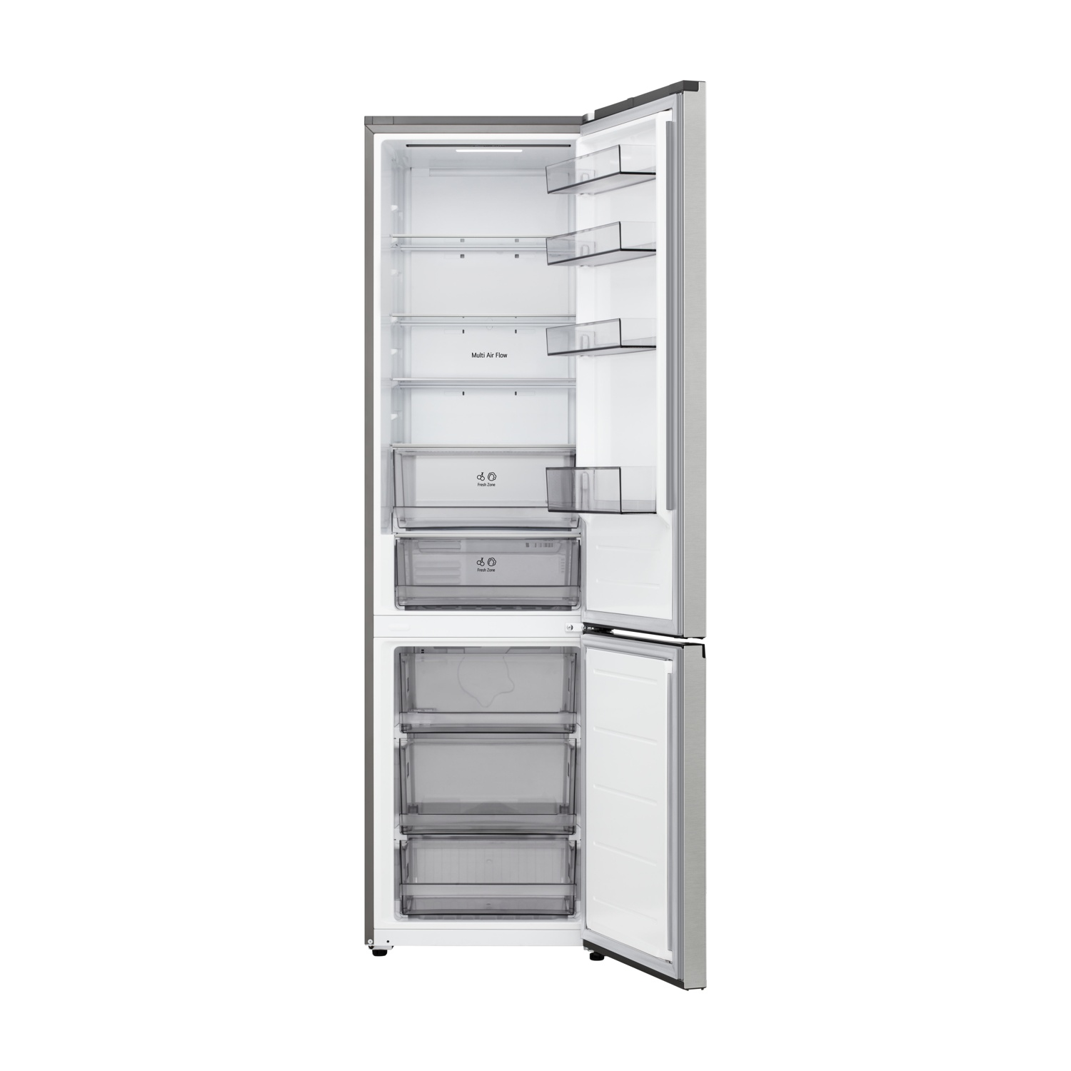 Un frigorifero d'argento aperto con ripiani interni, cassetti ed etichetta 'Multi Air Flow' e 'Fresh Zone'.