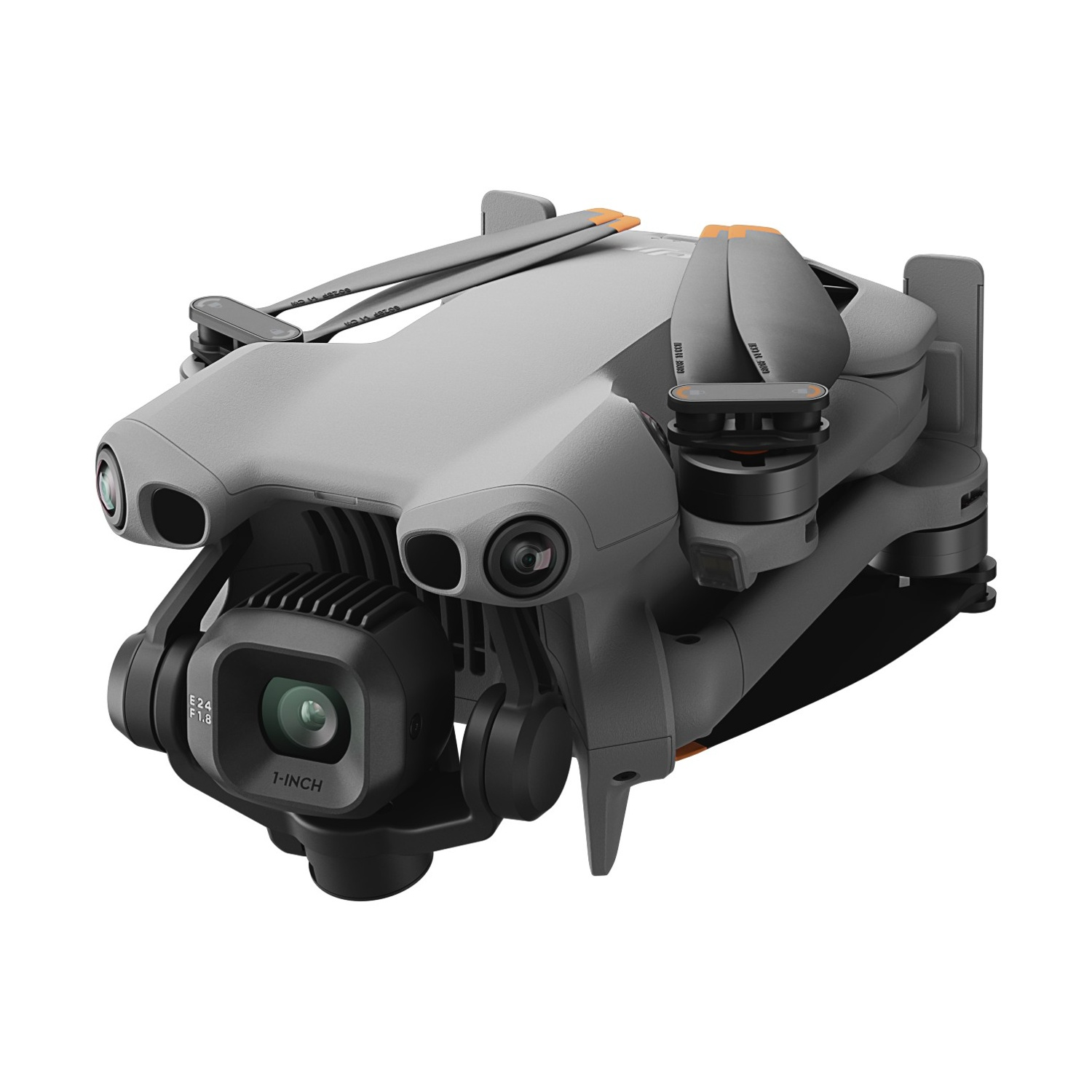 Un drone grigio con fotocamera nera e dettagli arancioni, eliche ripiegate. Il drone è su sfondo bianco, vista dall'alto.