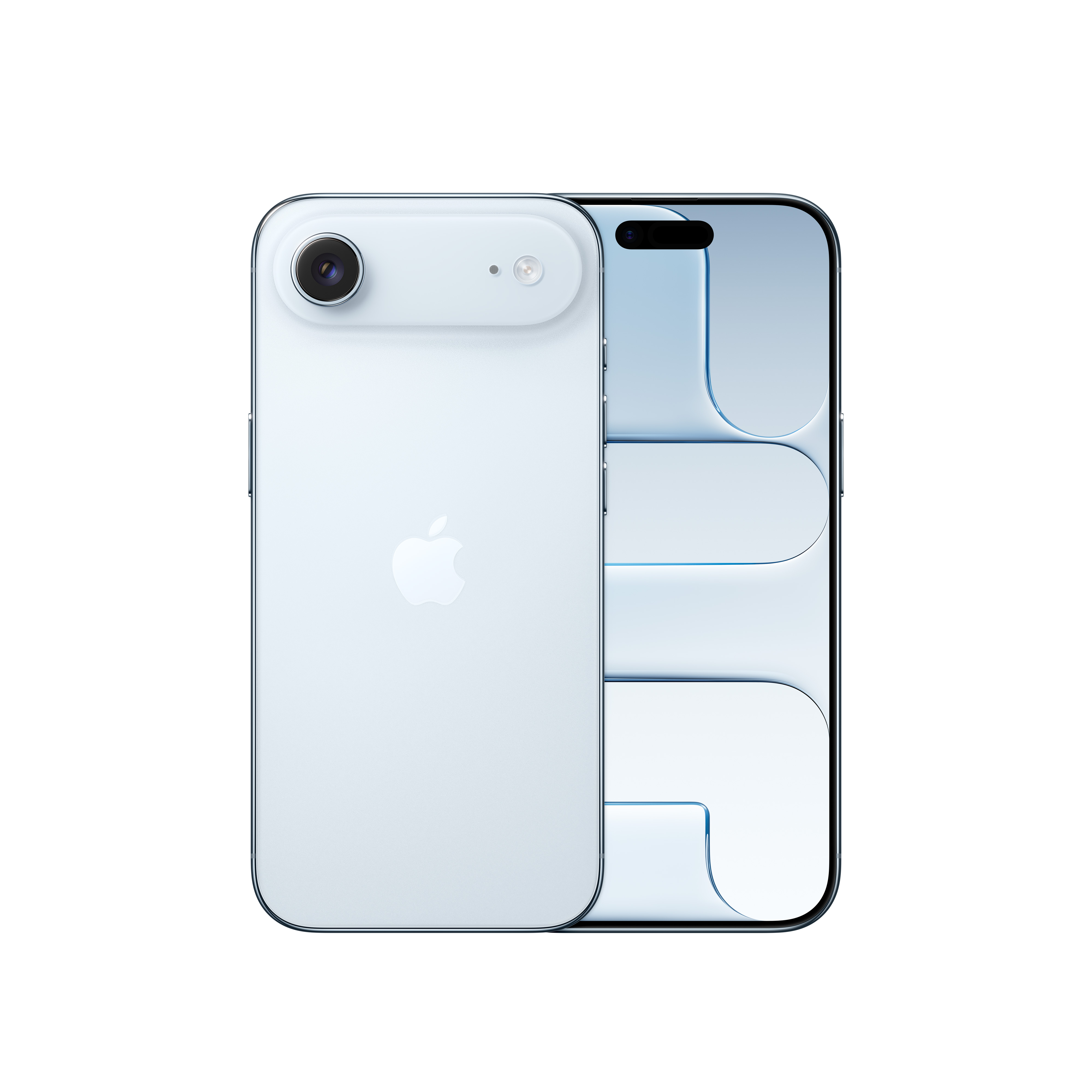 Ein hellblaues iPhone mit Rückseite und Kamera, Apple-Logo und Vorderseite mit Bildschirm.
