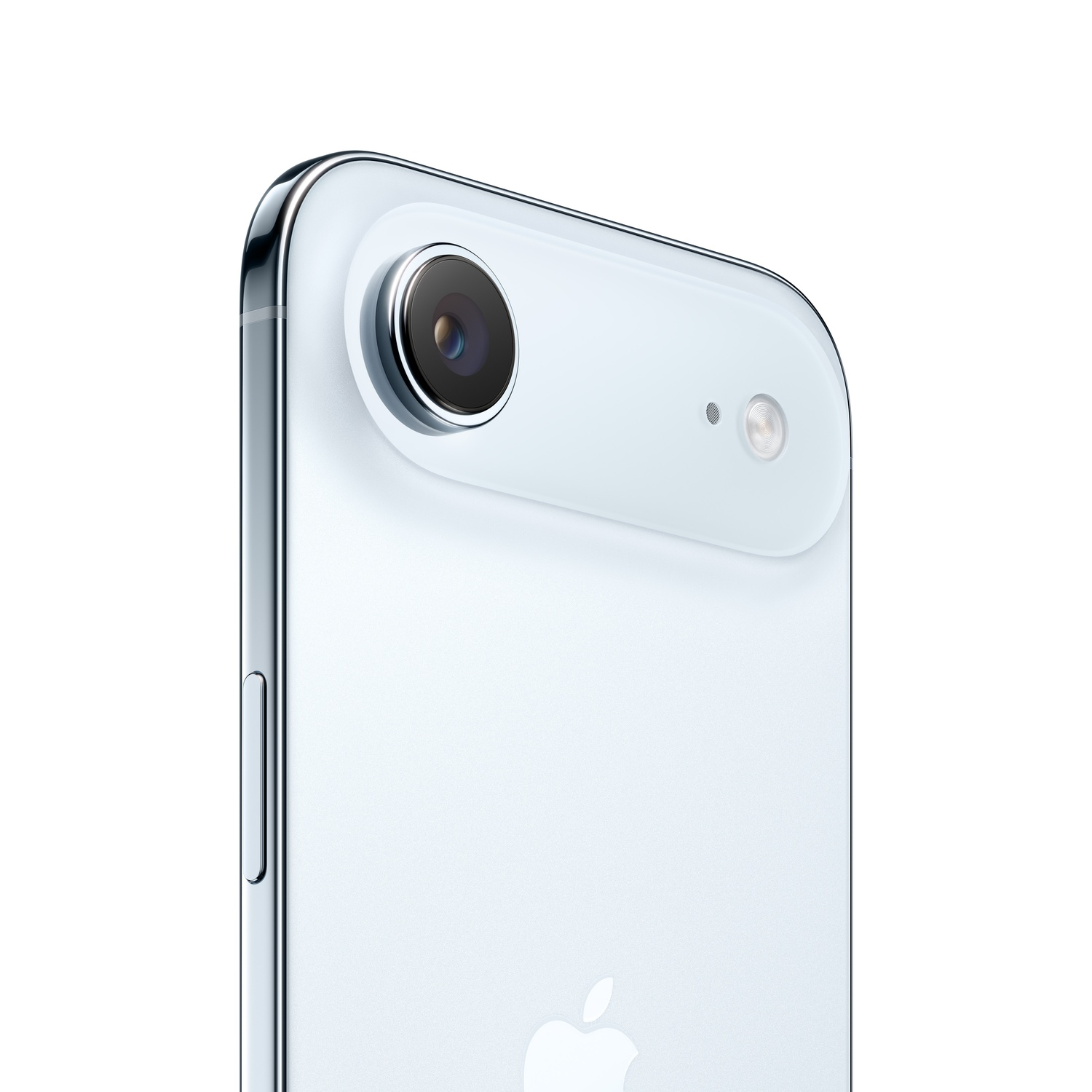A light blue smartphone back with a camera and flash. The phone has a shiny silver metal frame. The background is white.