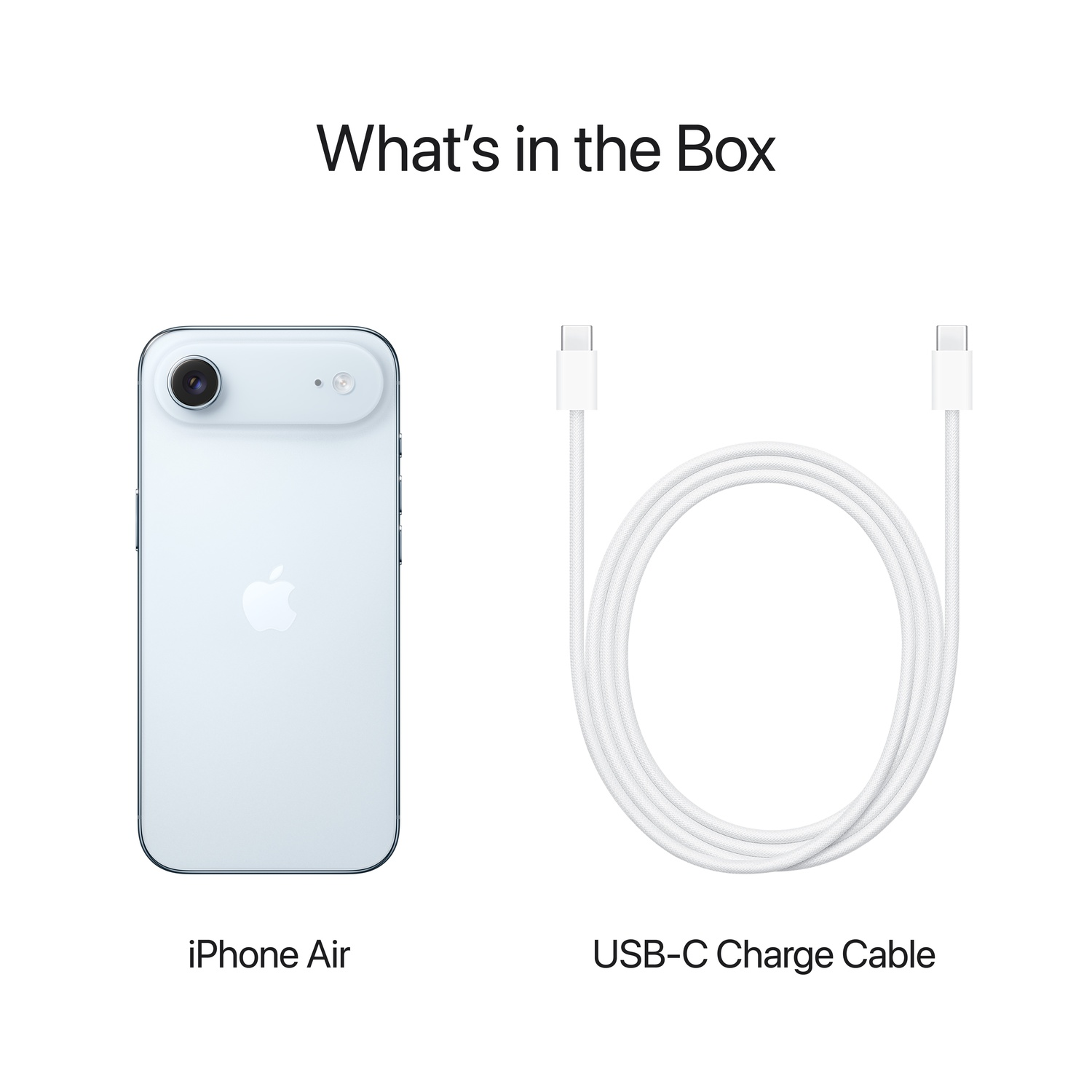 Image shows an iPhone Air and a USB-C charge cable on a white background. Text reads 'What's in the Box'.