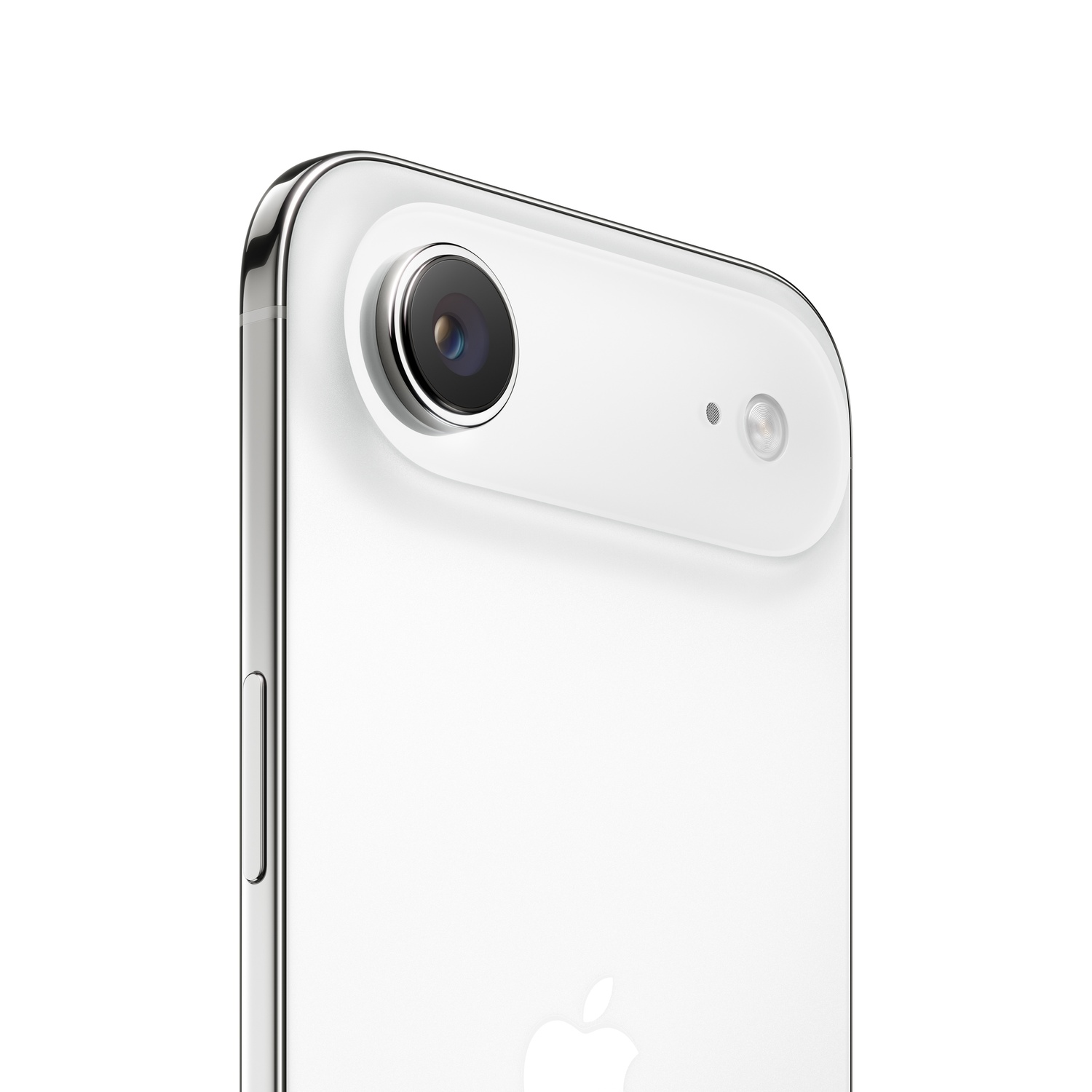 A white smartphone back with a camera, flash, and a silver metal frame. The Apple logo is visible on the back.