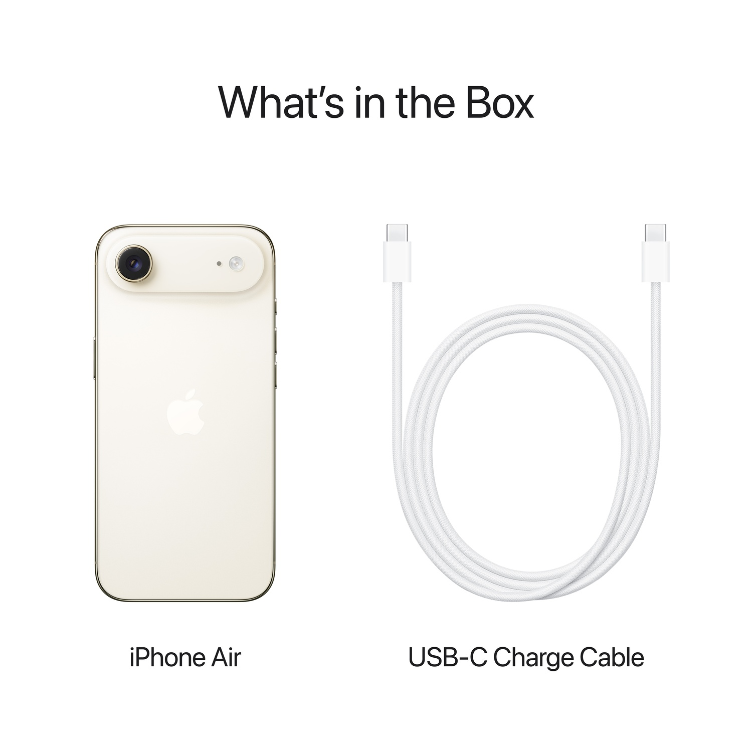 Image shows iPhone Air and a USB-C charge cable on a white background. The phone is cream color and the cable is white.