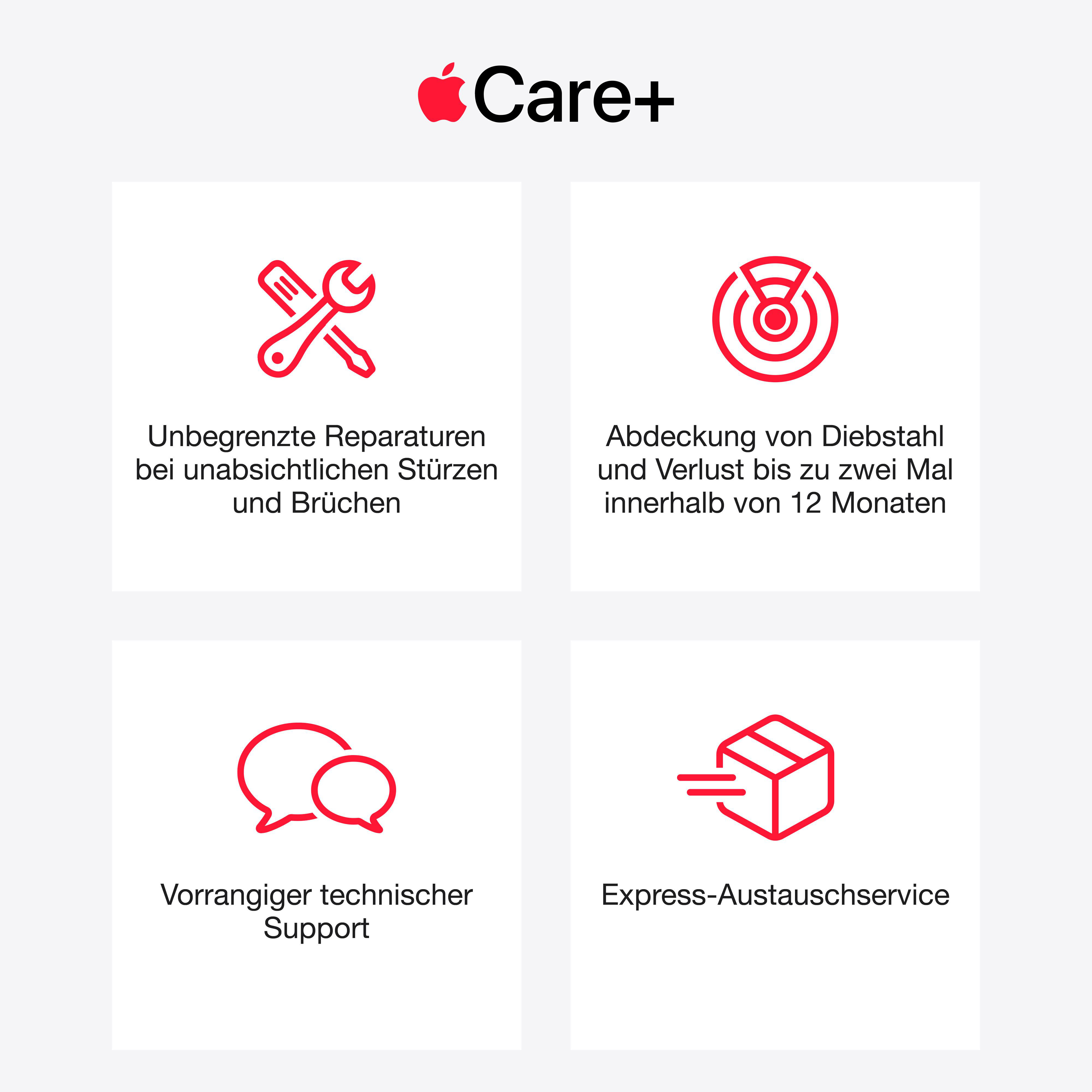 Das Bild zeigt Apple Care+ Services. Symbole stehen für Reparaturen, Diebstahldeckung, technischen Support und Express-Austausch.