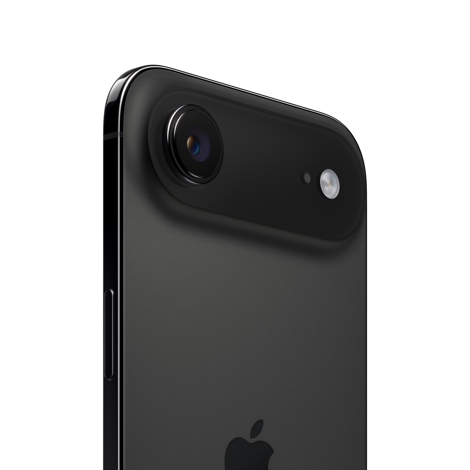 Gros plan sur un iPhone SE noir. L'appareil photo et le flash sont visibles. Le logo Apple est en bas. Le fond est blanc.