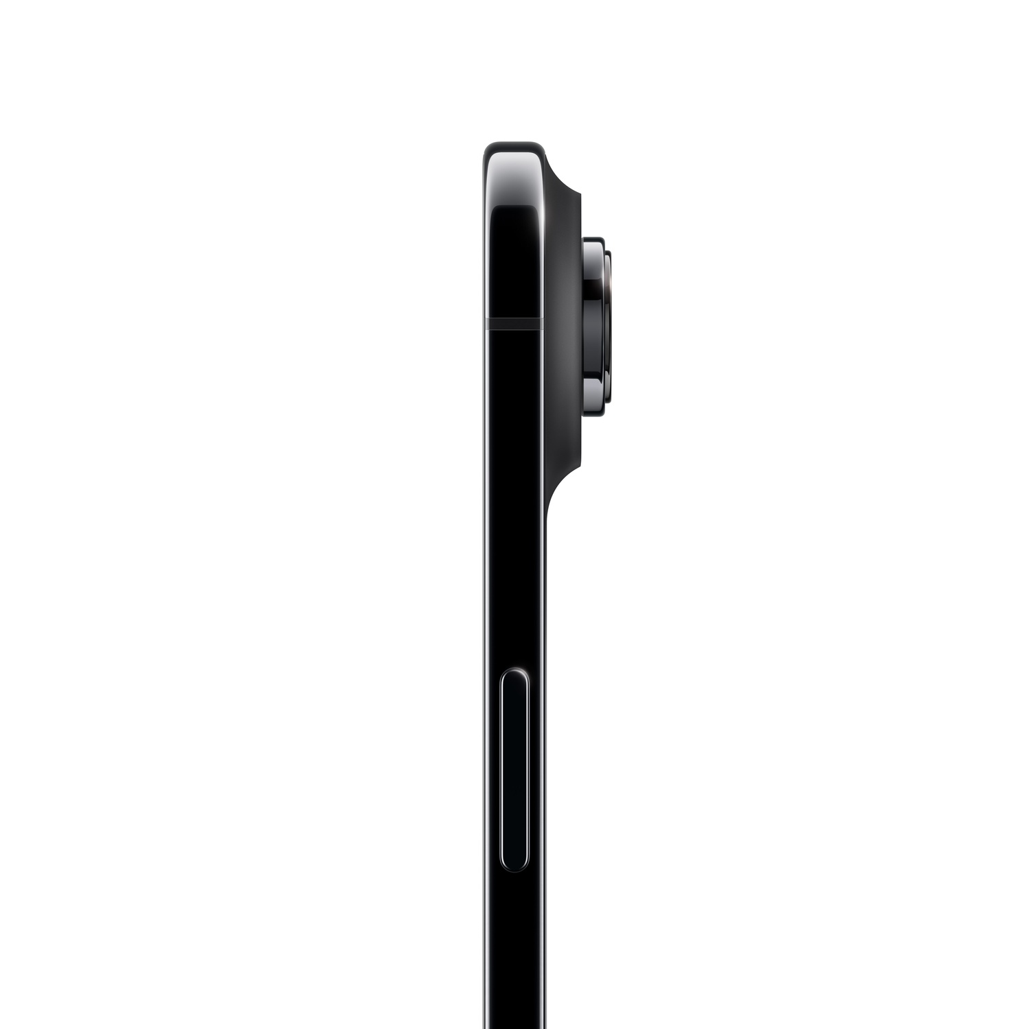 Vue latérale d'un smartphone noir. Les lentilles de l'appareil photo sont visibles. Le fond est blanc.