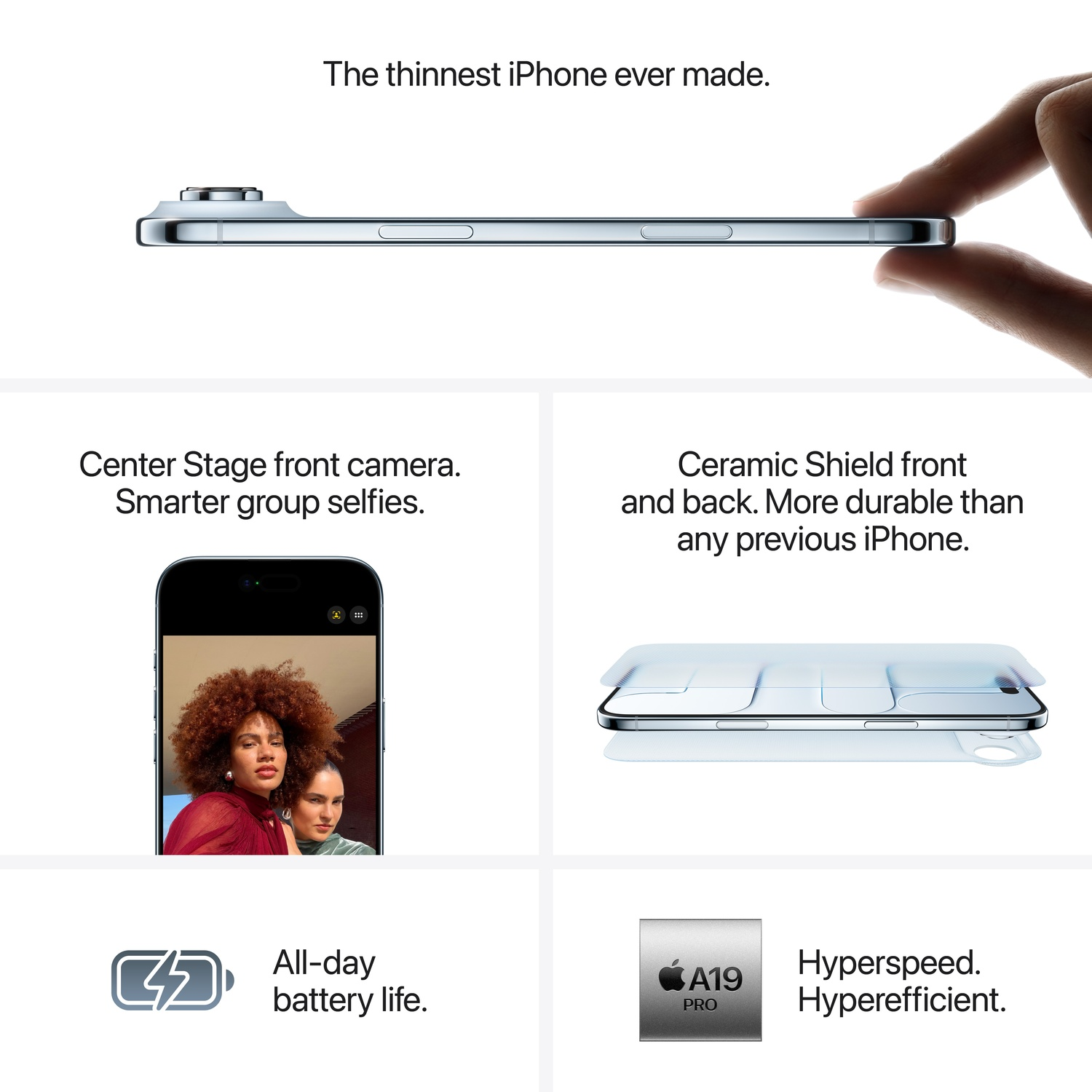 Un iPhone tenu par une main, vue latérale, le texte met en évidence la caméra, la protection en céramique, la durée de vie de la batterie et la puce A19 Pro.