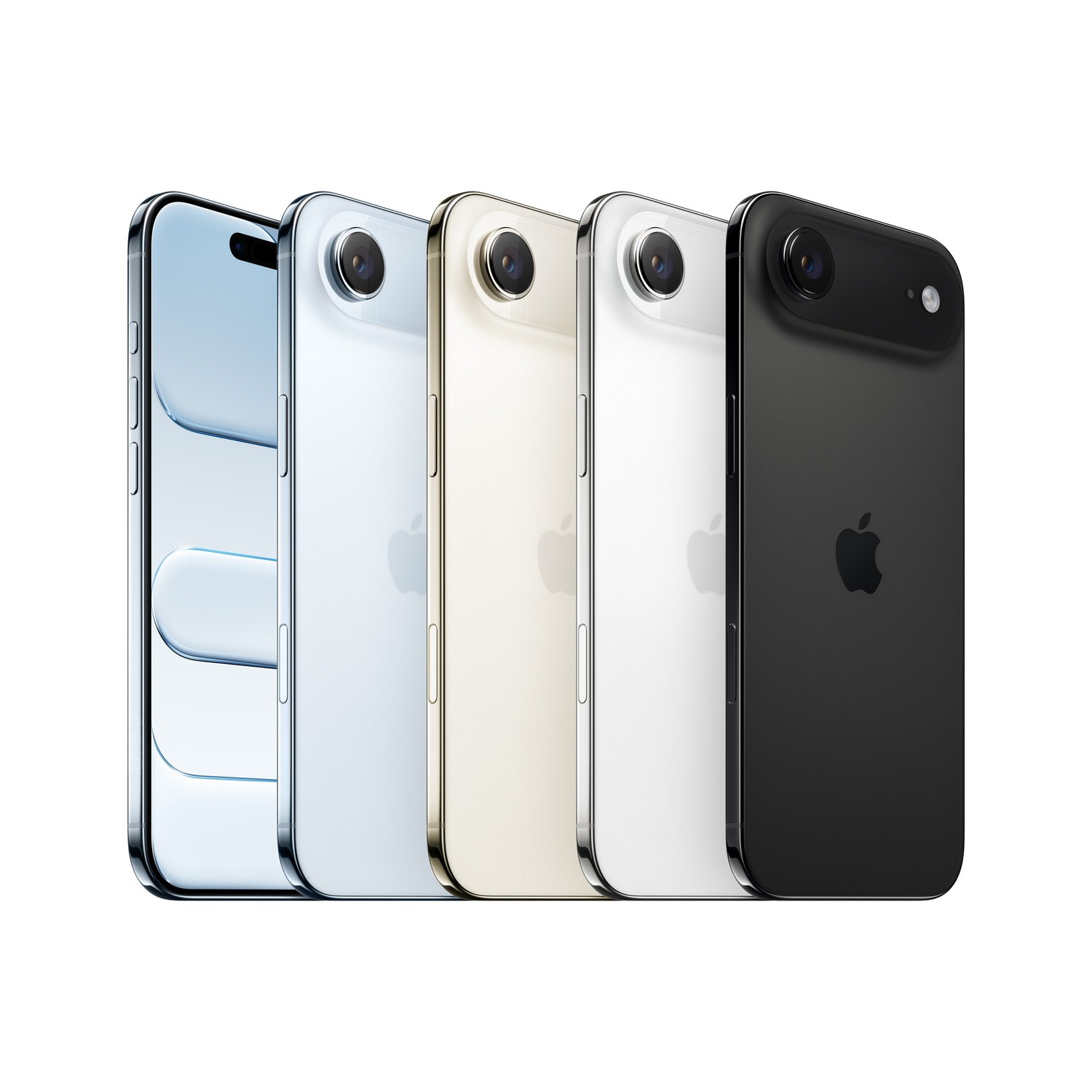 Cinq smartphones de différentes couleurs (bleu, argent, or, blanc et noir) sur fond blanc.