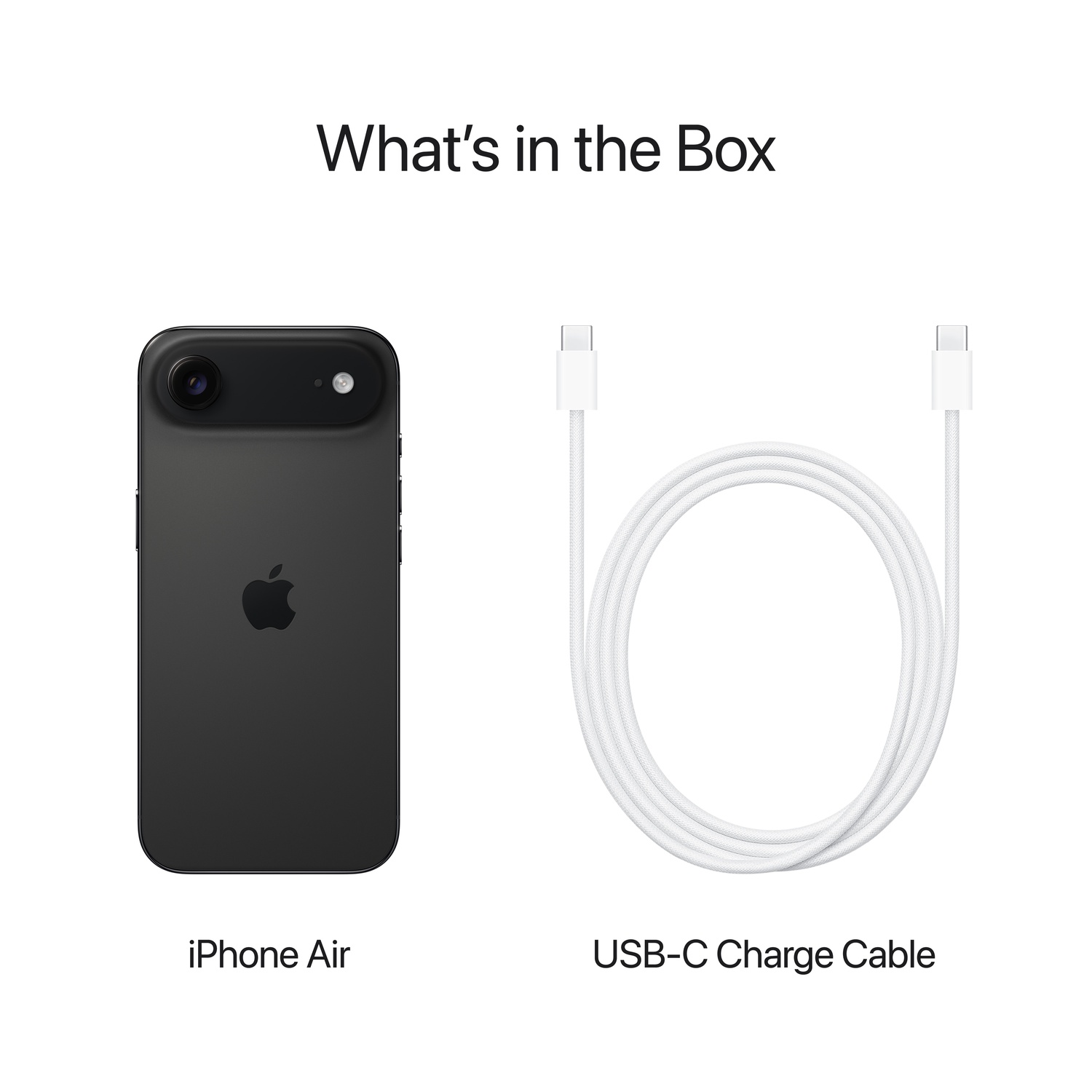 L'image montre iPhone Air et câble de charge USB-C sur fond blanc. Le téléphone est noir. Le câble est blanc et en boucle.