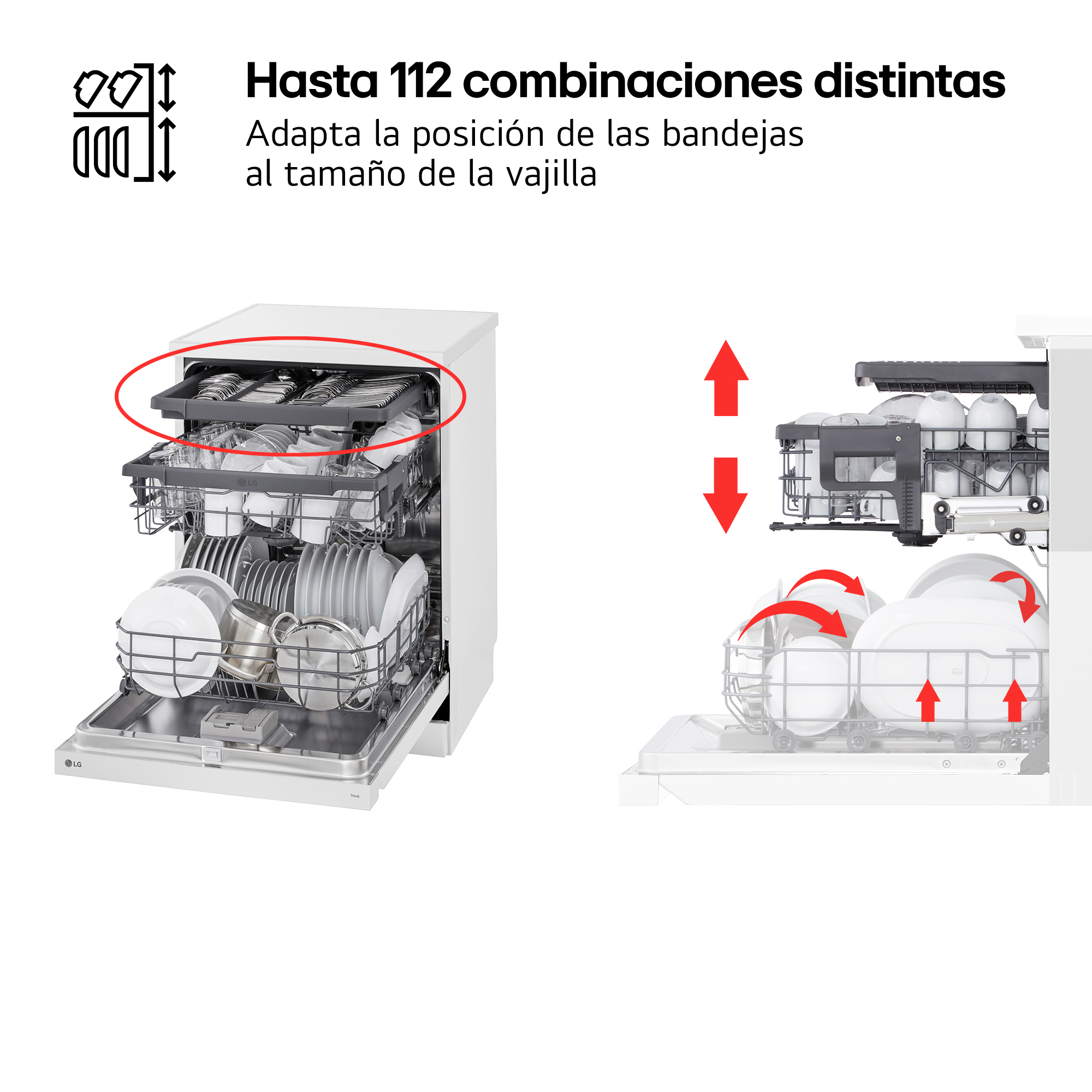 Un lavavajillas muestra rejillas ajustables para platos. Flechas rojas muestran el movimiento y ajuste de las rejillas.