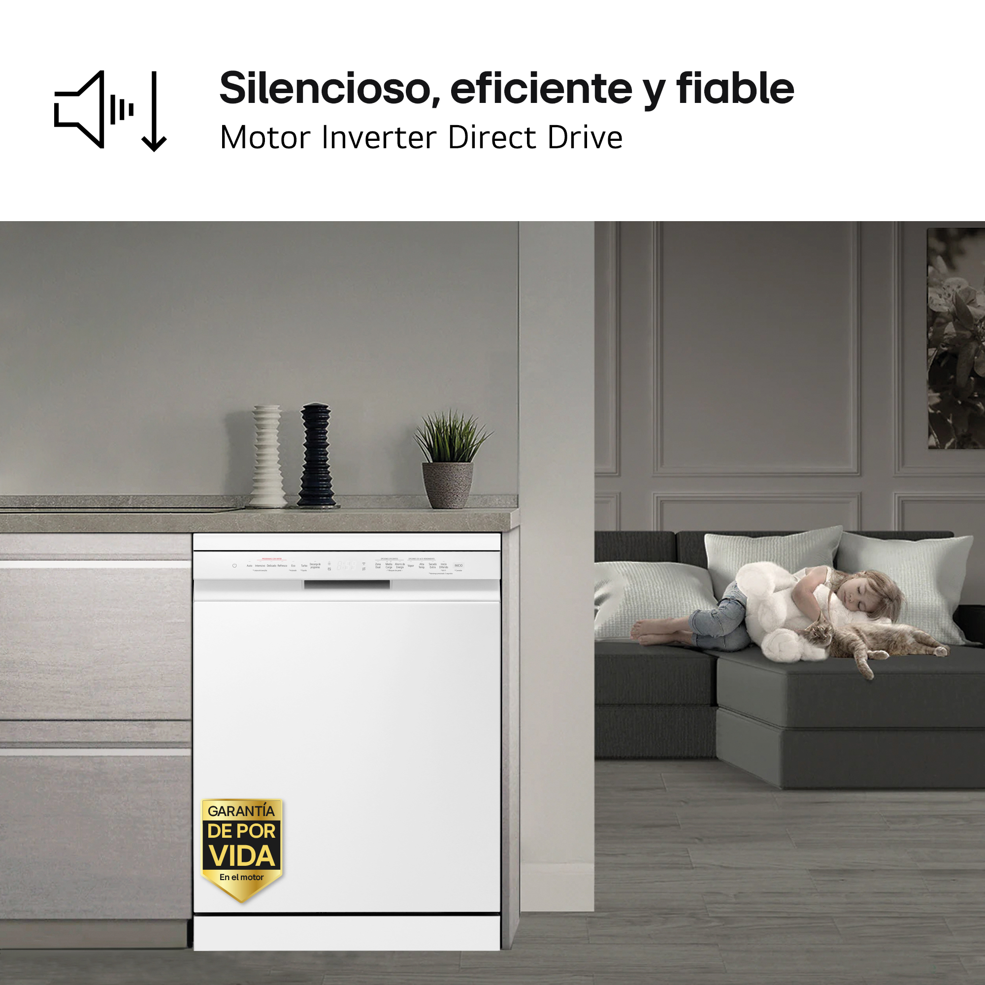 Silencioso, eficiente y fiable. Motor Inverter Direct Drive. Lavavajillas abierto funcionando; niño duerme en sofá al fondo.