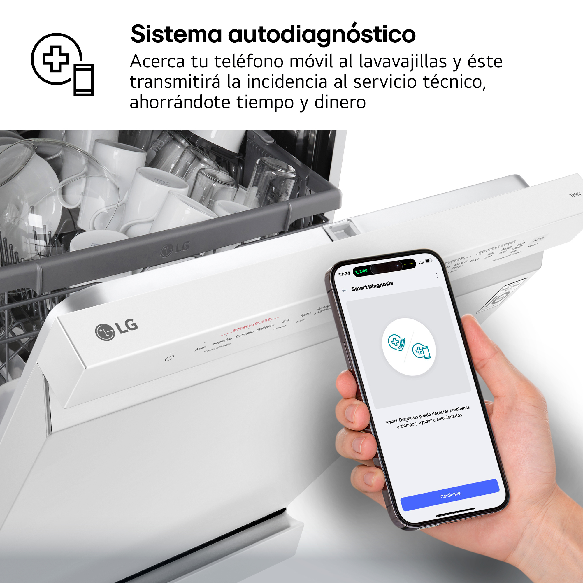 Sistema autodiagnóstico. Acerca tu teléfono móvil al lavavajillas y éste transmitirá la incidencia al servicio técnico, ahorrándote tiempo y dinero. Mano con móvil.