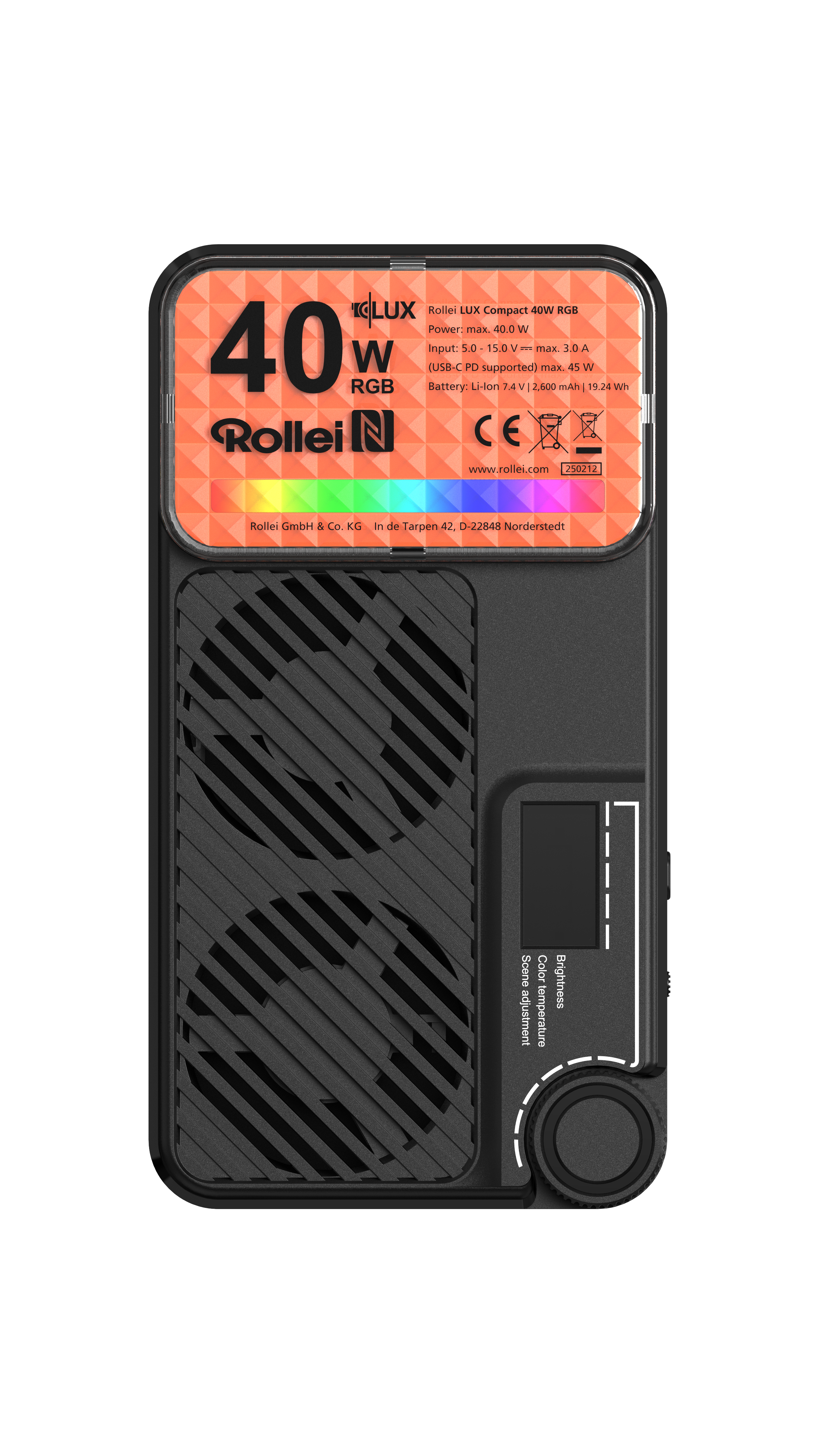 Eine schwarze Rollei LED-Leuchte mit orangefarbenem Oberteil, Drehregler und Textdetails. Oben steht '40W RGB' und das Branding.