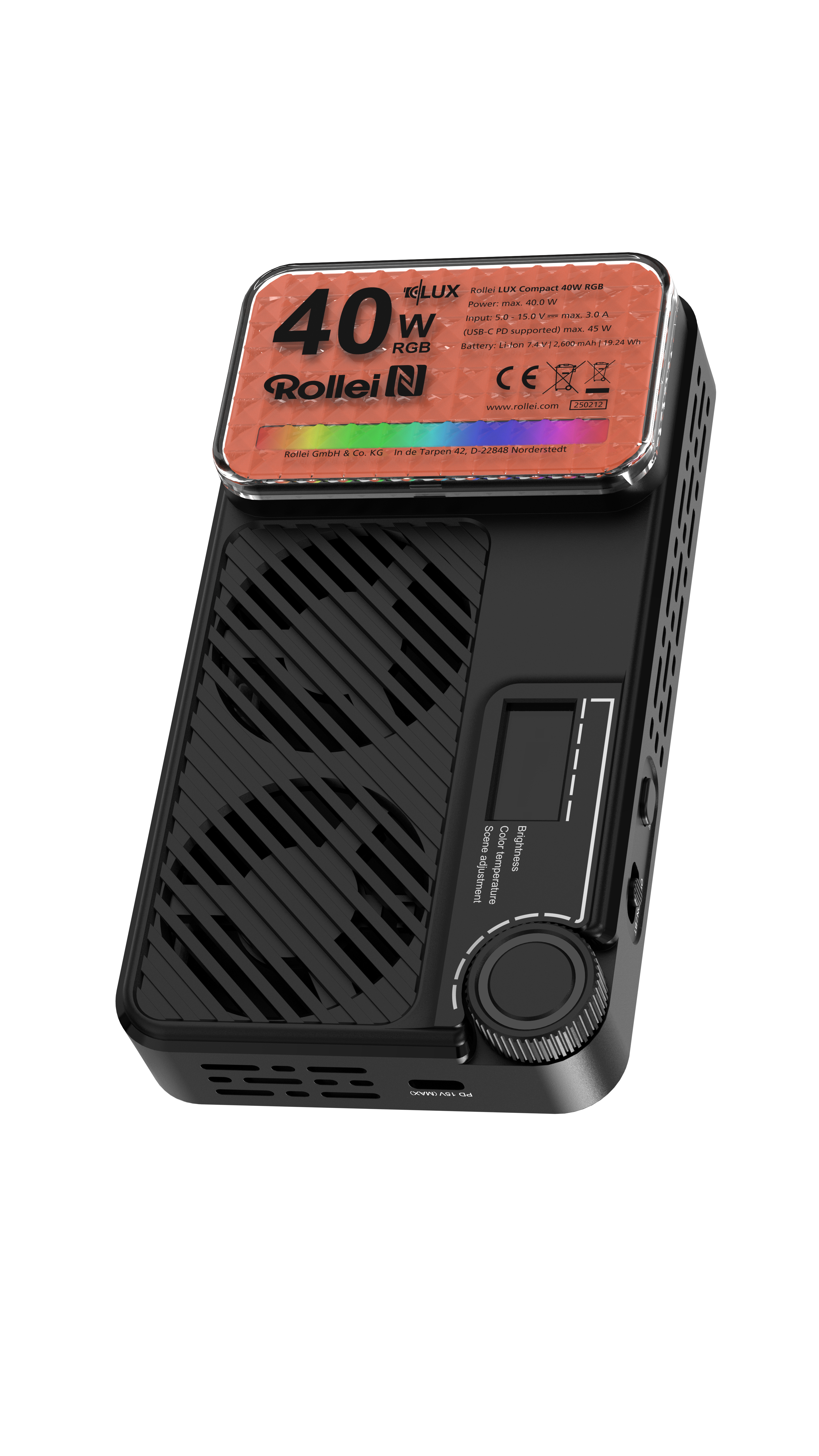 Schwarzes Rollei LUX Compact 40W RGB Licht. Es hat ein Display und Einstellknöpfe. Oben befinden sich Produktinfos.