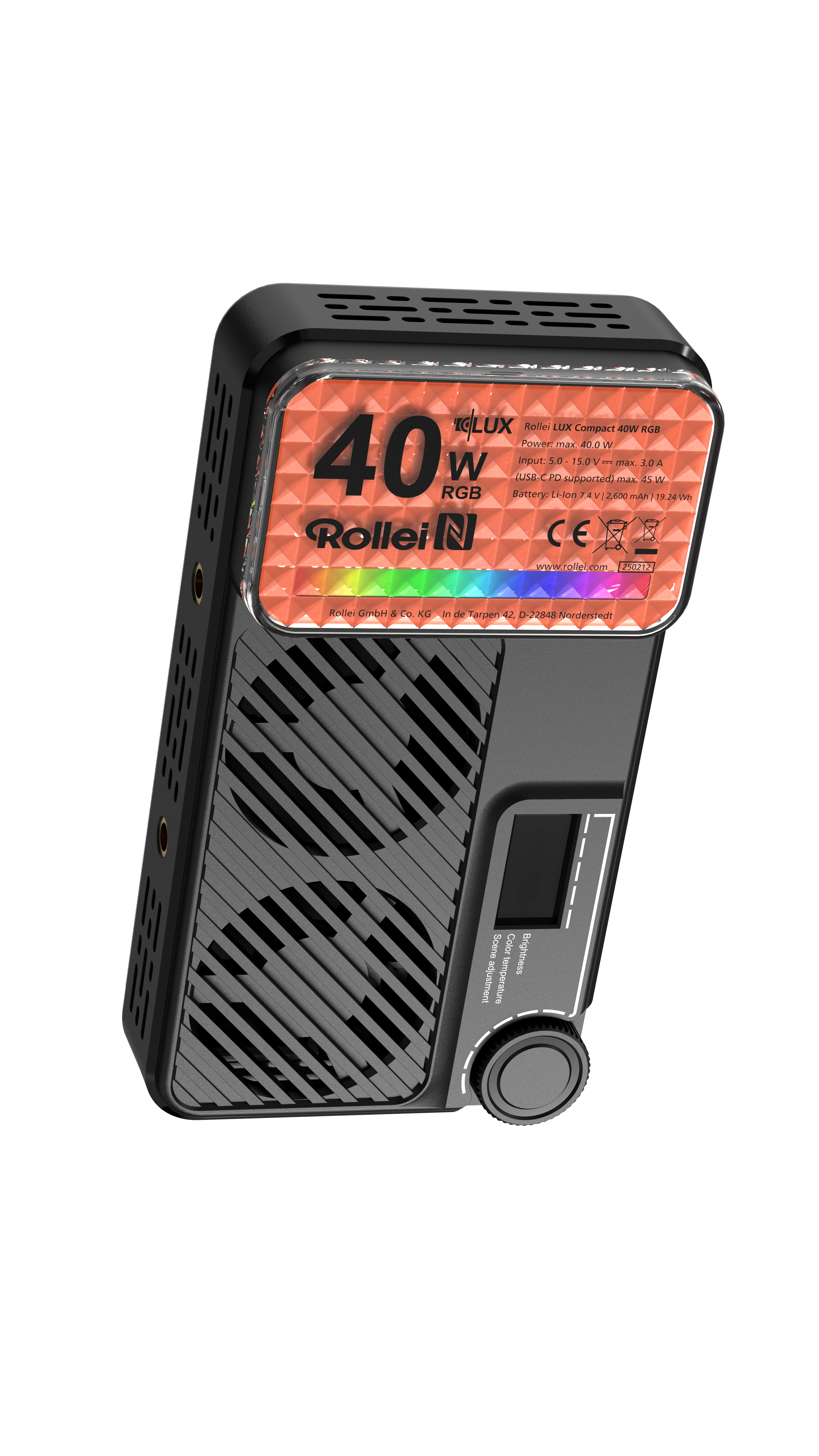Ein schwarzes Rollei LUX Compact 40W RGB-Licht. Es hat ein Display mit orangefarbenen und bunten Akzenten sowie Bedienelementen.
