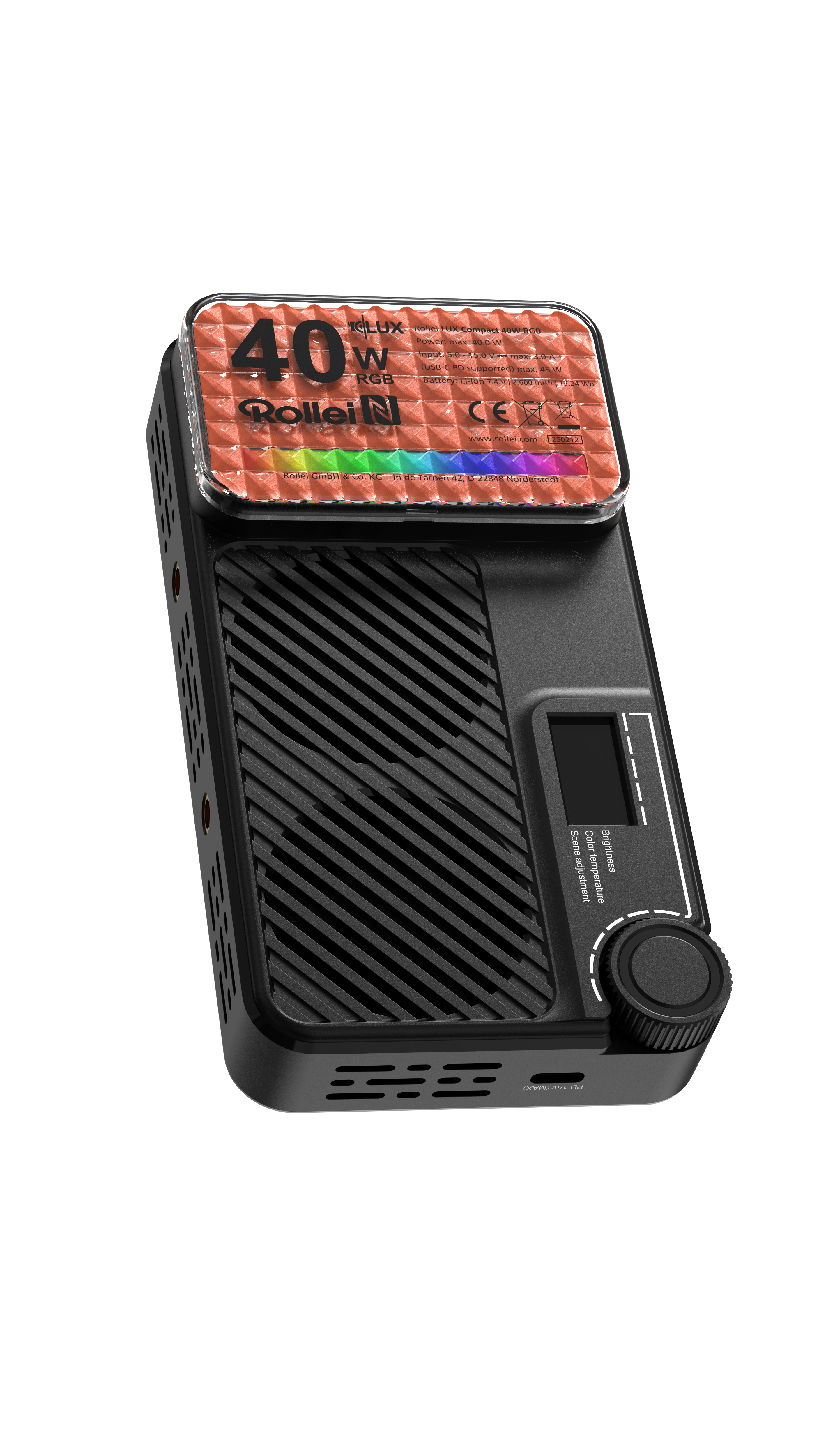 Schwarze Rollei LED-Leuchte mit 40W RGB-Anzeige. Mit Drehknopf und Lüftungsschlitzen. Die Oberseite hat eine gemusterte Oberfläche.