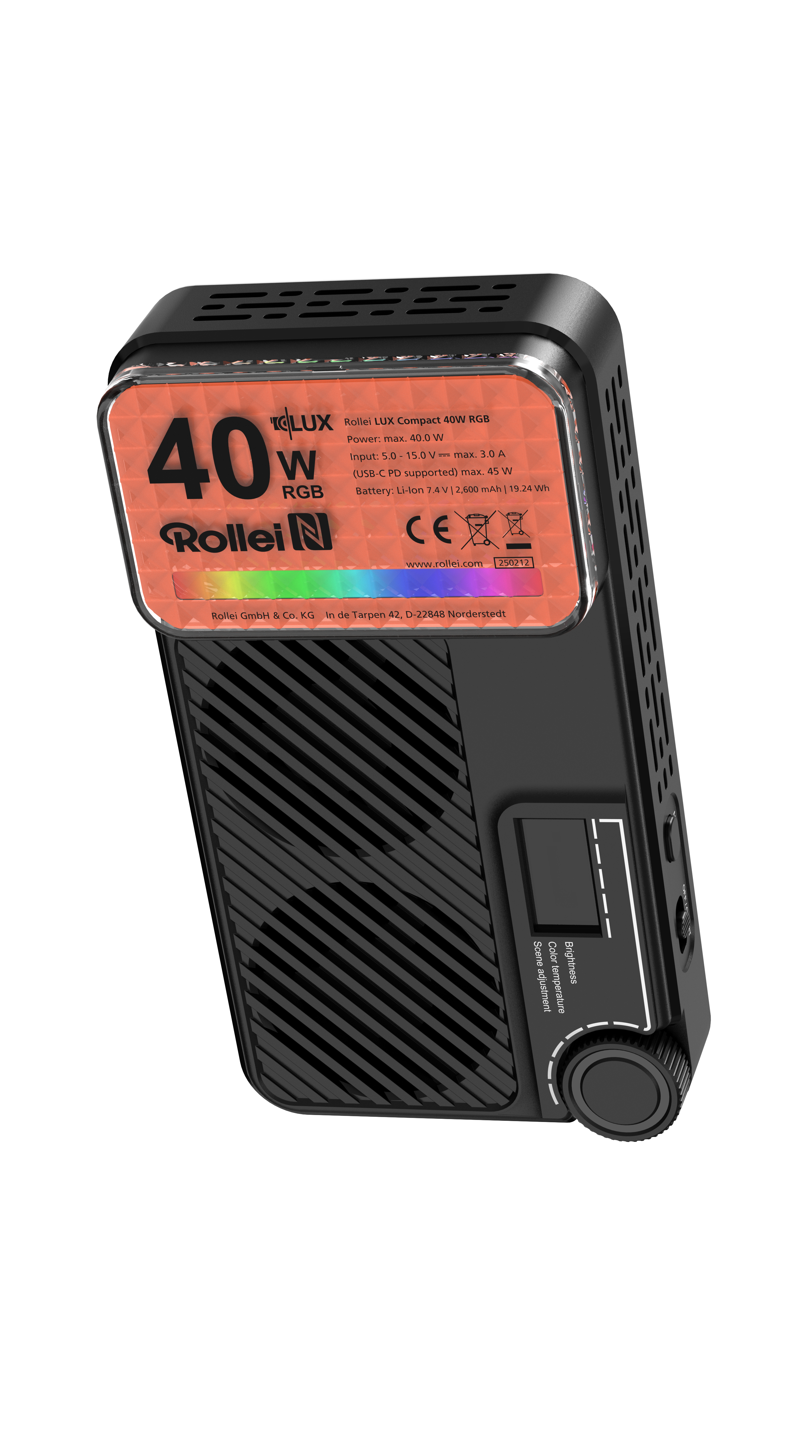Ein Rollei LUX Compact 40W RGB Licht. Es hat ein schwarzes Gehäuse und ein orangefarbenes Panel mit Produktdetails. Steuerungen umfassen Helligkeit und Farbe.