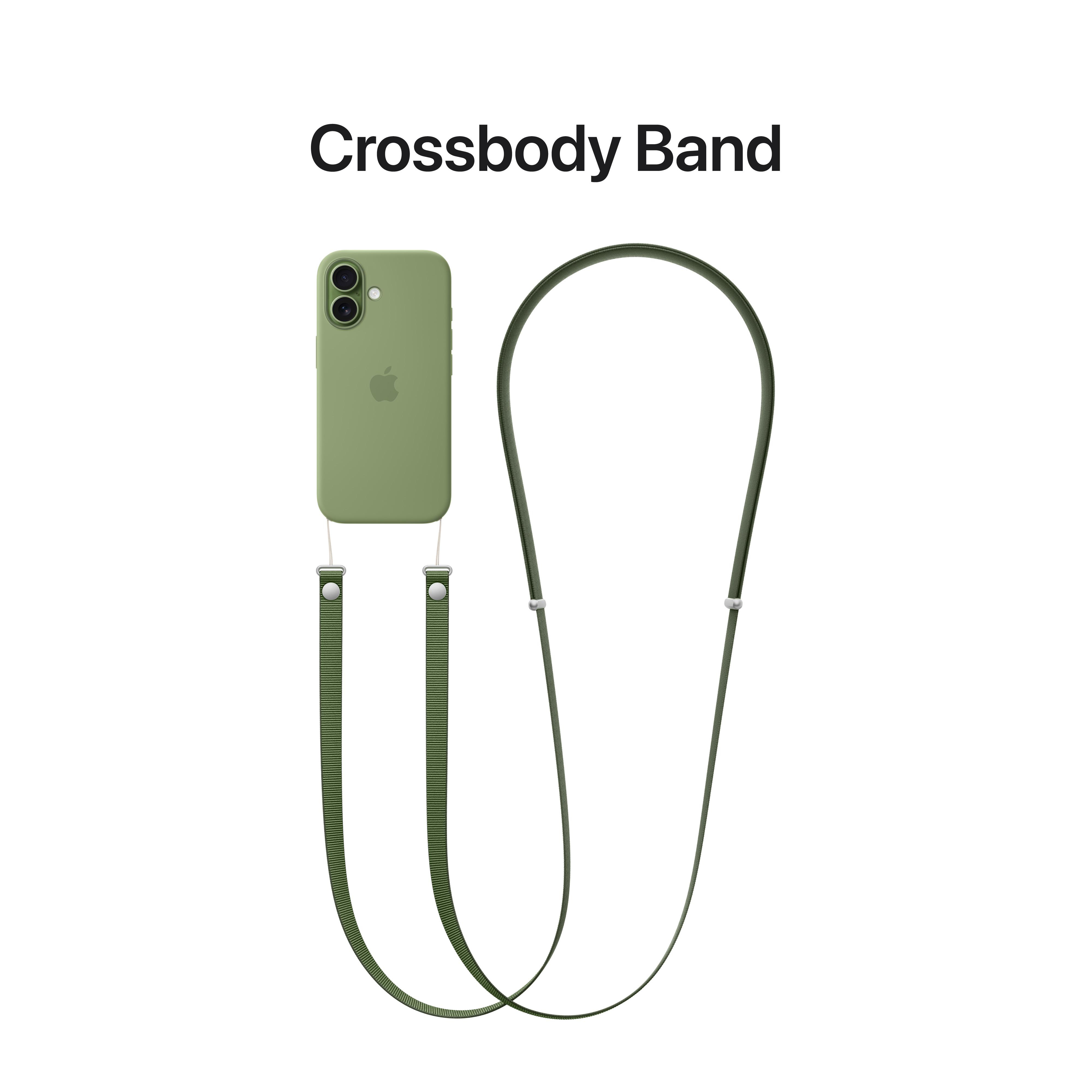 Olivgrüne Handyhülle mit passendem Umhängeband. Der Riemen ist mit silberner Hardware an der Hülle befestigt.