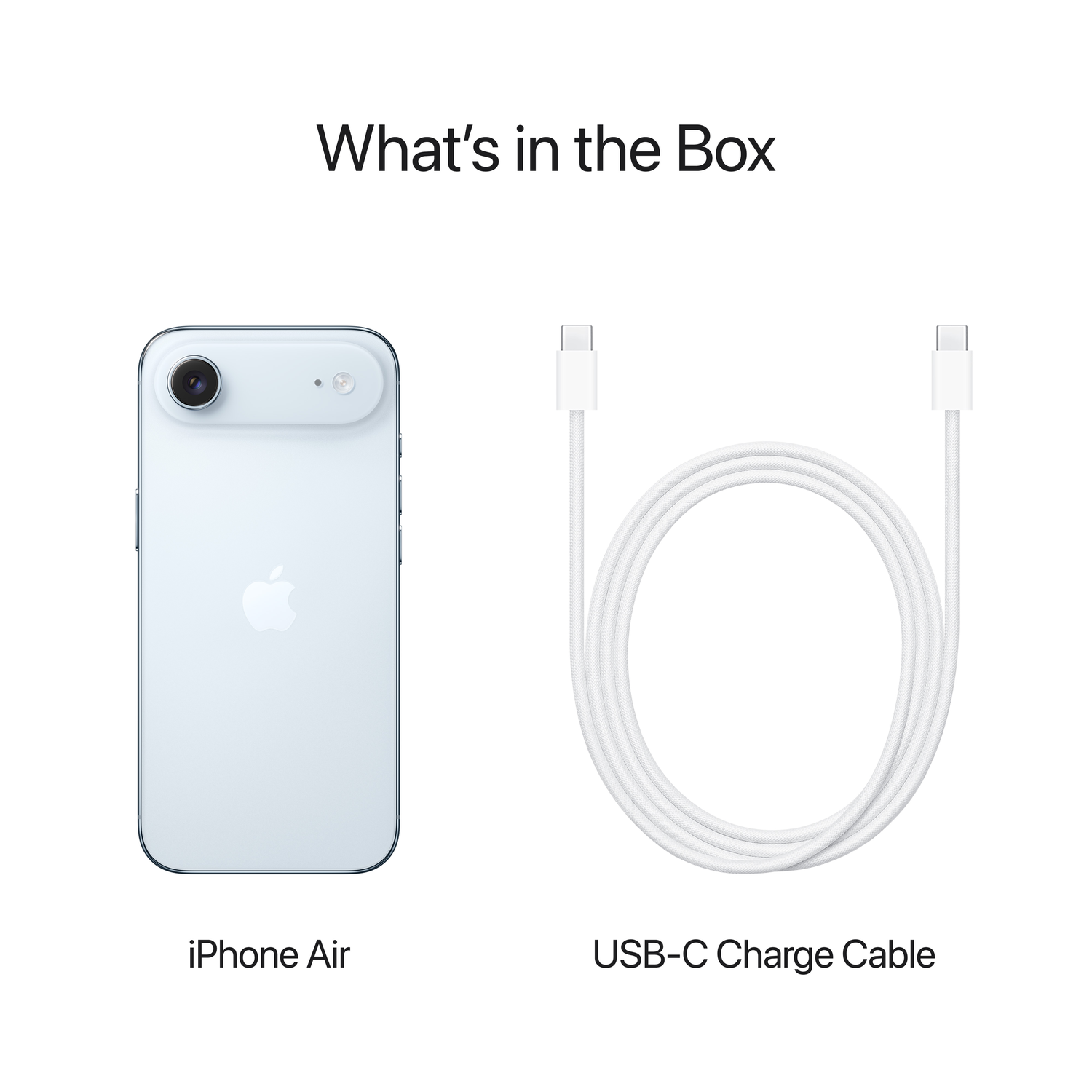 Image shows an iPhone Air and a USB-C charge cable. Both are white. Text at the top says 'What's in the Box'.