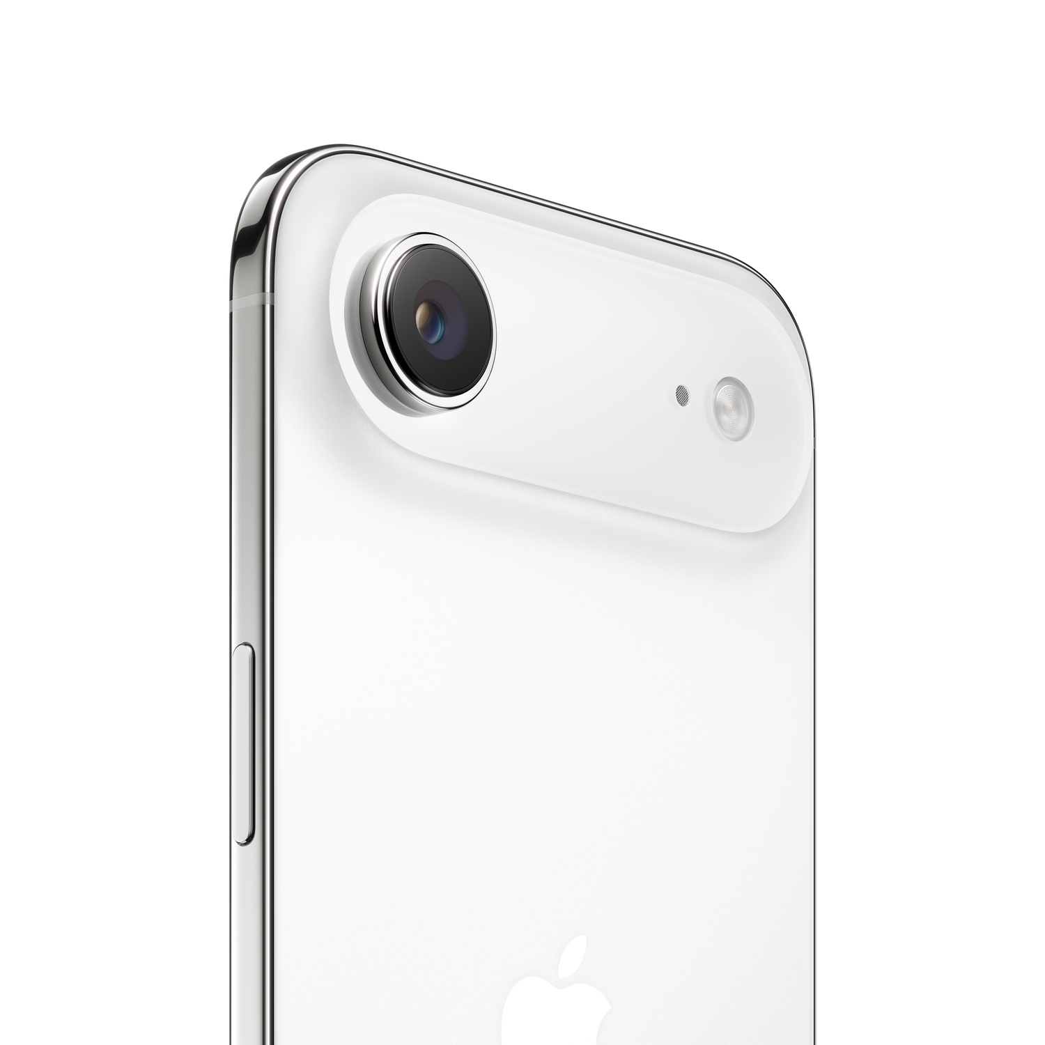 Close-up van de achterkant van een witte smartphone met camera en flitser. De telefoon heeft een zilveren frame en een wit Apple-logo.