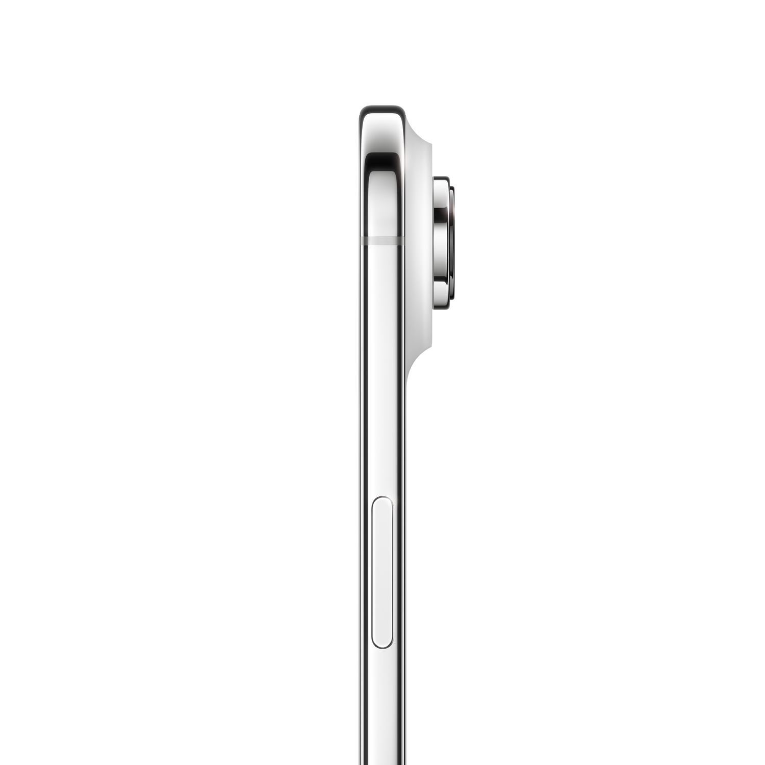 A side view of a silver smartphone. The camera lens is prominent. The phone has a metallic frame and a button on the side.