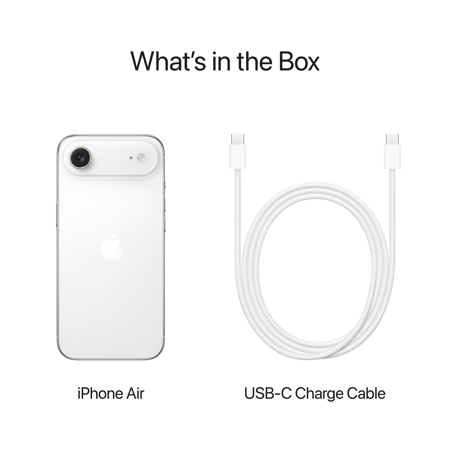 Image shows iPhone Air and USB-C Charge Cable on white background. Text reads 'What's in the Box'.