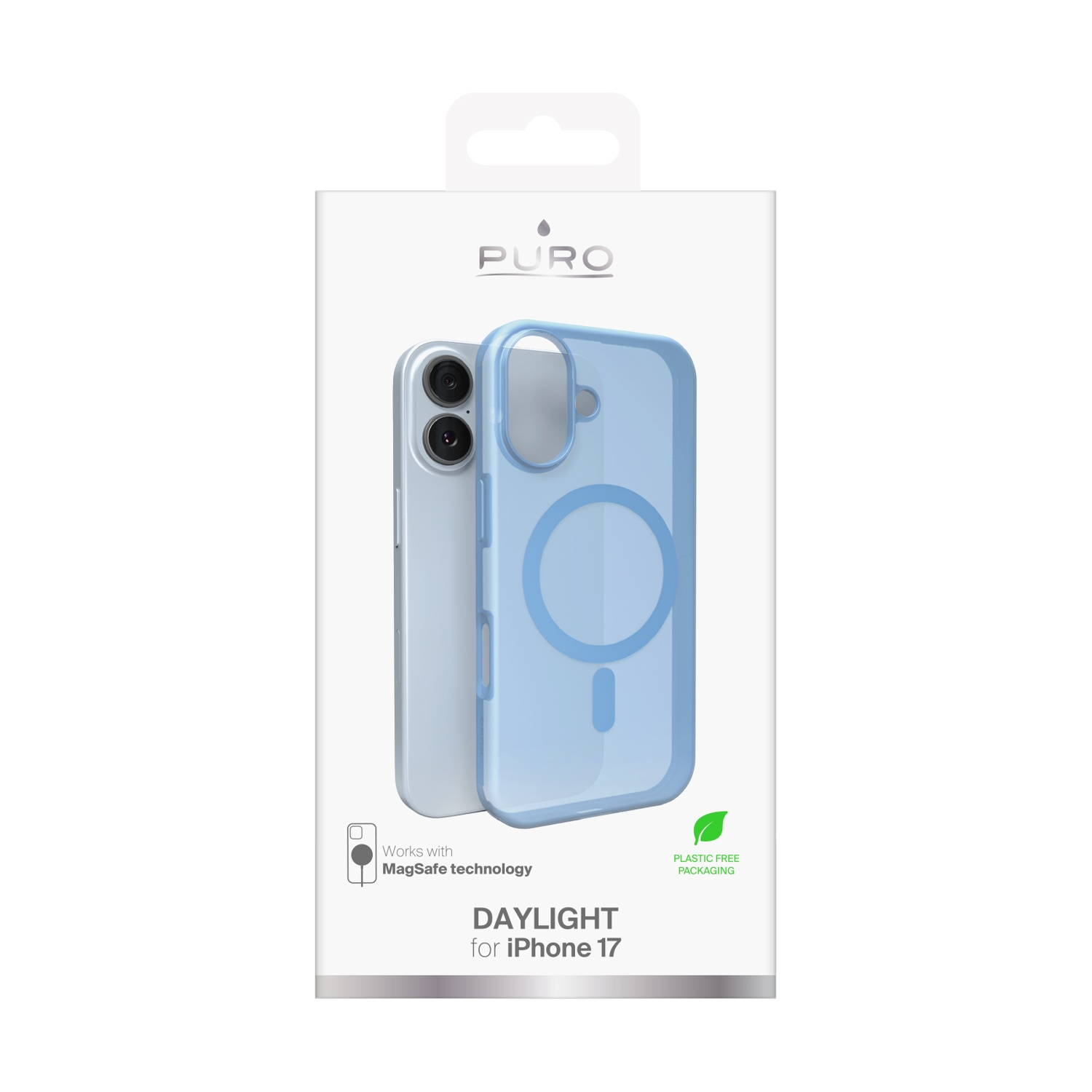 Una custodia e un telefono sono mostrati in una confezione. La custodia è blu e il telefono è argento. La confezione dice 'DAYLIGHT for iPhone 17'.